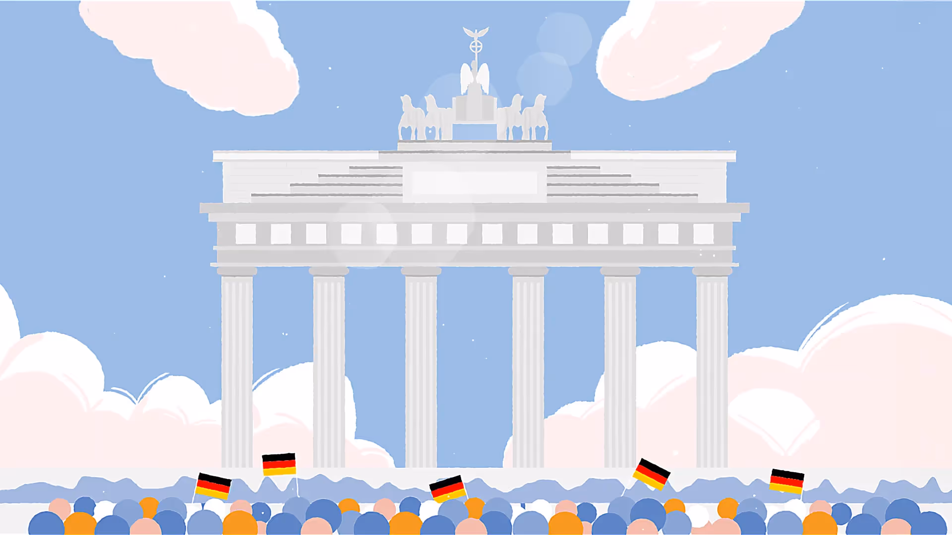 Illustration des Brandenburger Tors in Berlin mit Menschenmenge und Deutschlandfahnen bei historischer Kundgebung.