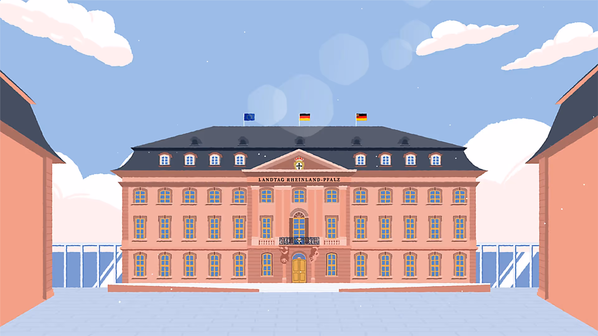 2D-Erklärvideo-Illustration des Landtags Rheinland-Pfalz mit deutschen und europäischen Flaggen. Bildungsanimation zur politischen Bildung – erklärt Demokratie, Parlament und Landespolitik anschaulich.