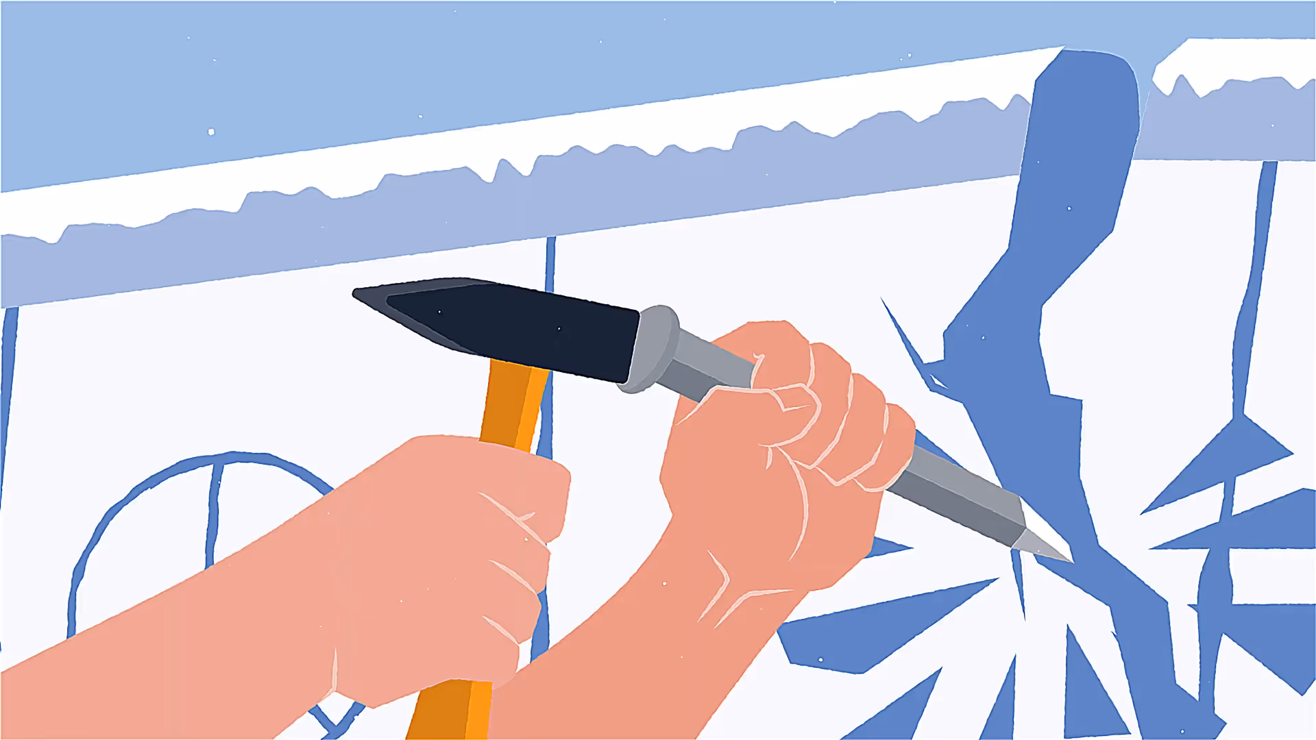 2D-Erklärvideo-Illustration von Händen, die mit Hammer und Meißel eine Mauer durchbrechen. Bildungsanimation zu Geschichte, Freiheit und politischer Bildung – symbolisiert Veränderung, Mut und gesellschaftlichen Wandel.