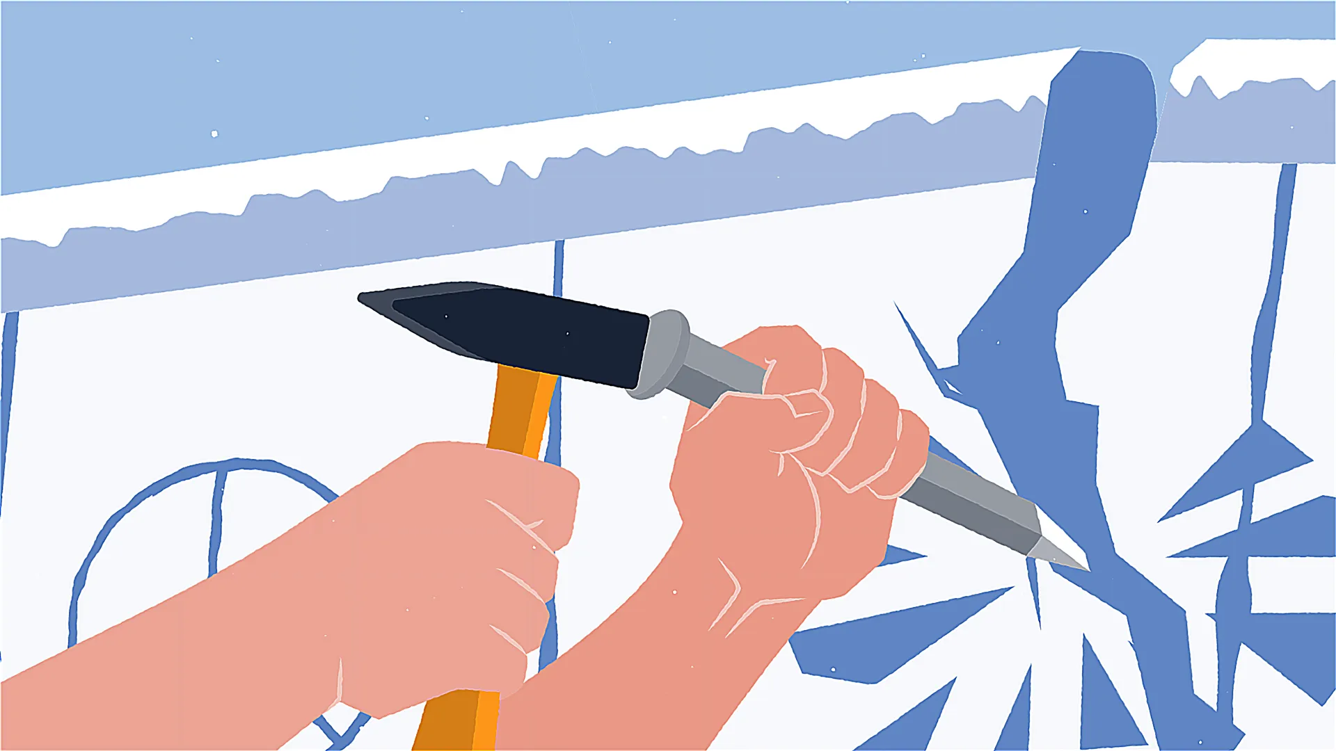 2D-Erklärvideo-Illustration von Händen, die mit Hammer und Meißel eine Mauer durchbrechen. Bildungsanimation zu Geschichte, Freiheit und politischer Bildung – symbolisiert Veränderung, Mut und gesellschaftlichen Wandel.