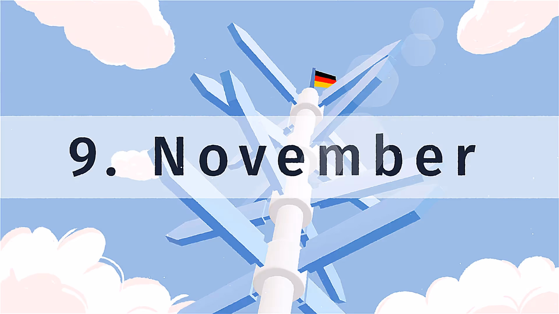 2D-Erklärvideo-Illustration mit Datum „9. November“ und deutscher Flagge auf hellblauem Himmel. Bildungsanimation zu deutscher Geschichte – erklärt historische Ereignisse und Gedenktage anschaulich.