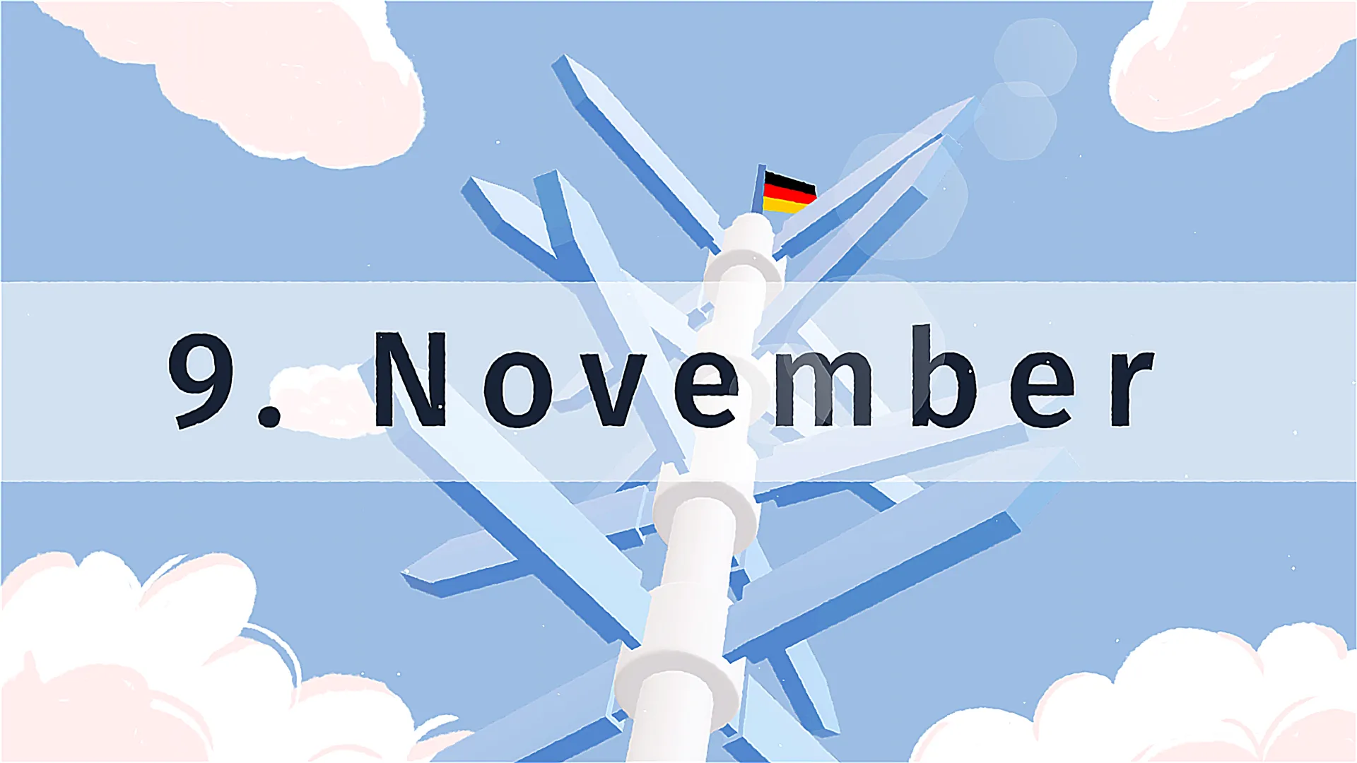 2D-Erklärvideo-Illustration mit Datum „9. November“ und deutscher Flagge auf hellblauem Himmel. Bildungsanimation zu deutscher Geschichte – erklärt historische Ereignisse und Gedenktage anschaulich.