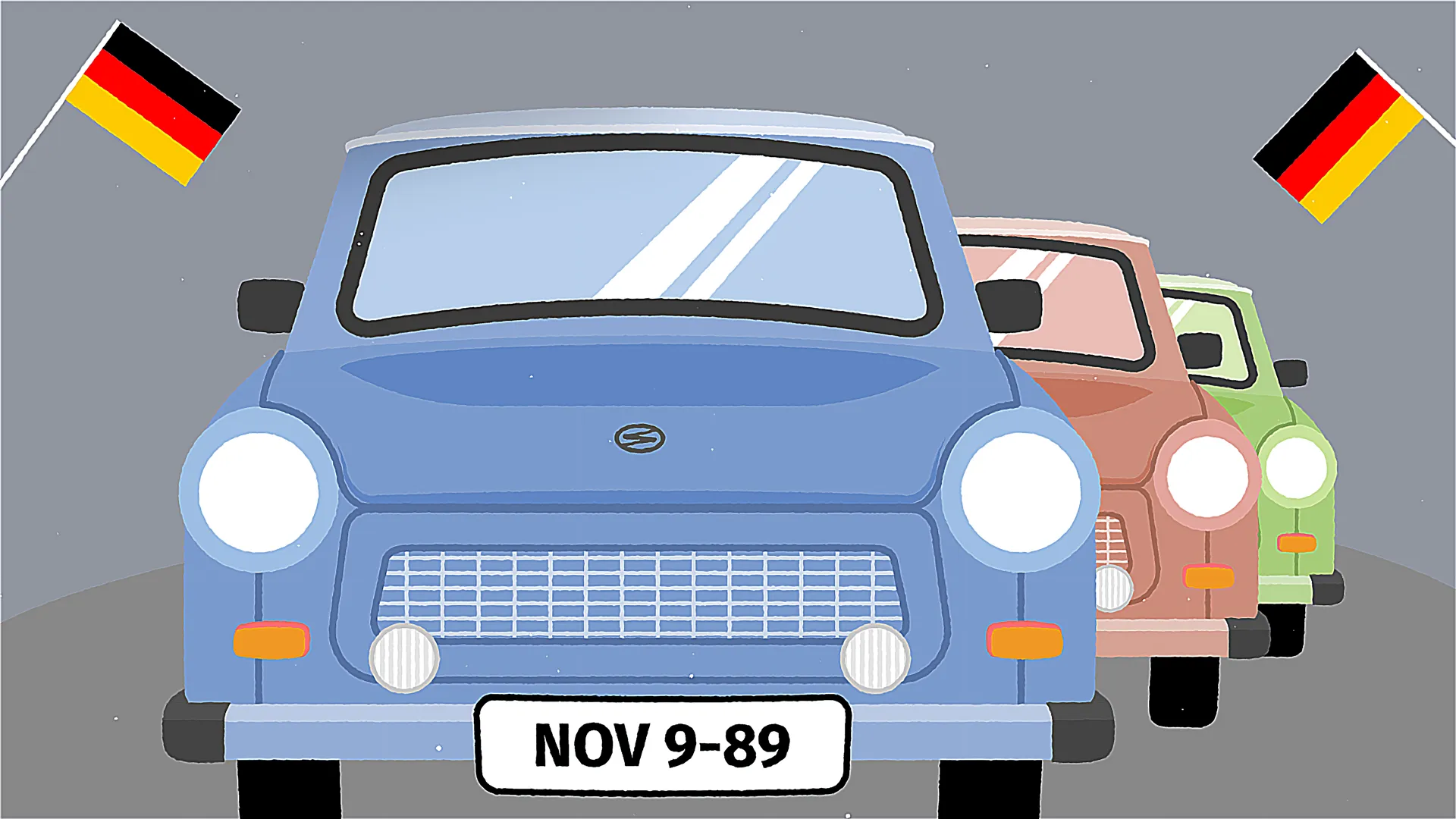 2D-Erklärvideo-Illustration mit Autos und deutschem Datum „Nov 9–89“ auf dem Kennzeichen. Bildungsanimation zur deutschen Geschichte – symbolisiert Mauerfall, Freiheit und gesellschaftlichen Wandel in Deutschland.
