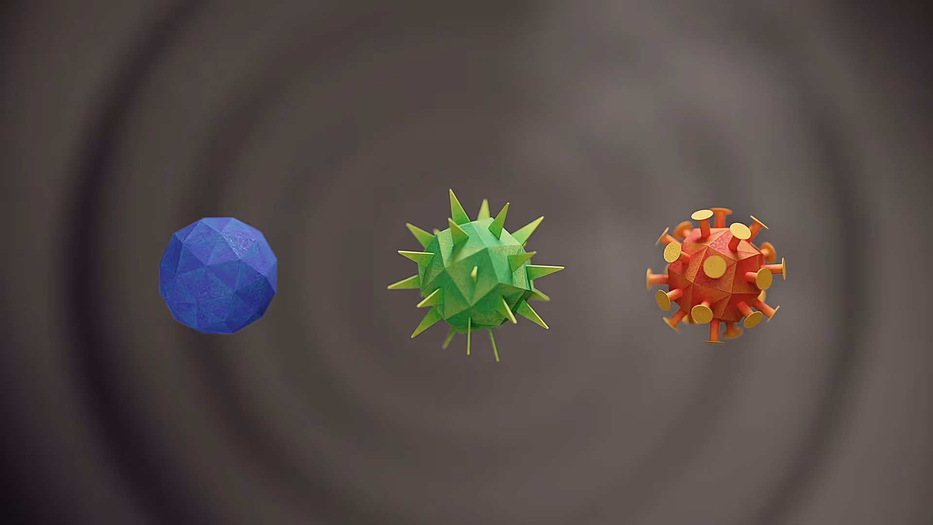3D-Animation verschiedener Virenmodelle in Blau, Grün und Rot für Angocin Erkältungsprävention