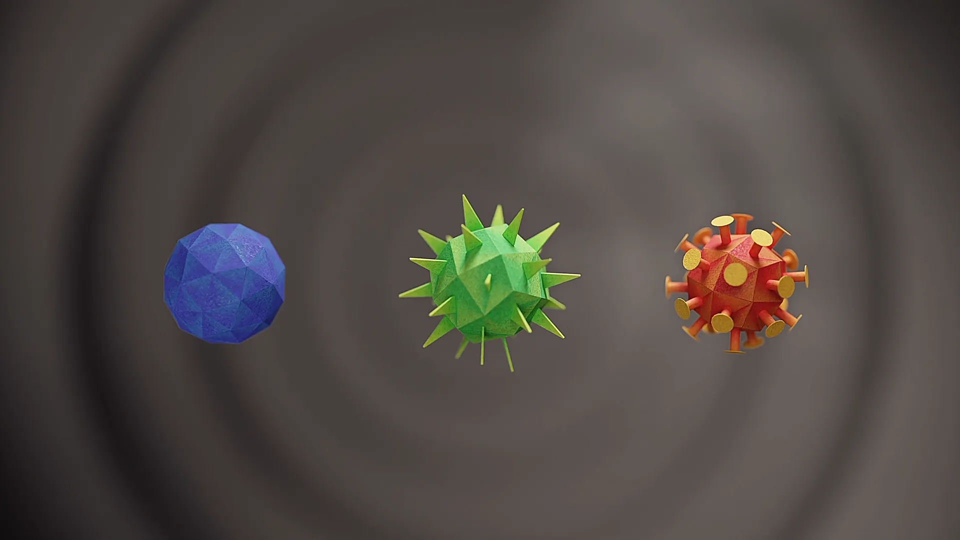 3D-Animation verschiedener Virenmodelle in Blau, Grün und Rot für Angocin Erkältungsprävention