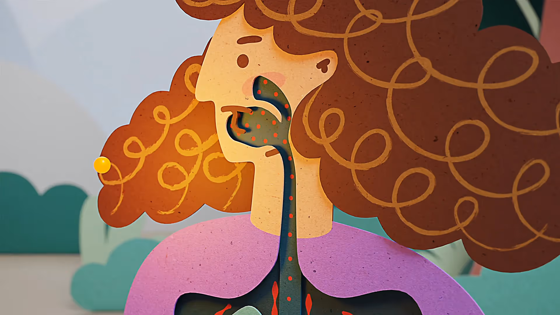 3D-Visualisierung von drei Virenformen in Blau, Grün und Rot mit Polyeder- und Spike-Struktur – Teil der Angocin Animation zu Erkältungen und Atemwegsinfektionen.