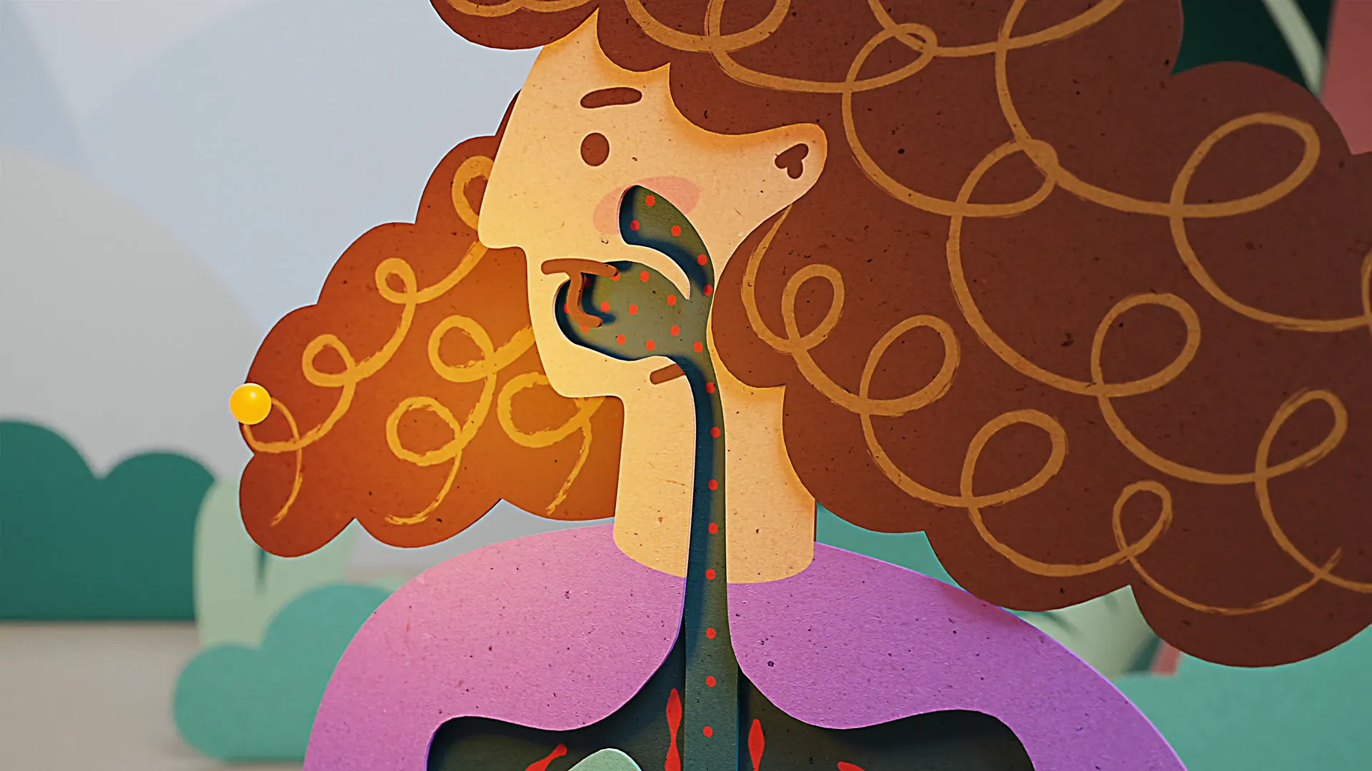 3D-Visualisierung von drei Virenformen in Blau, Grün und Rot mit Polyeder- und Spike-Struktur – Teil der Angocin Animation zu Erkältungen und Atemwegsinfektionen.