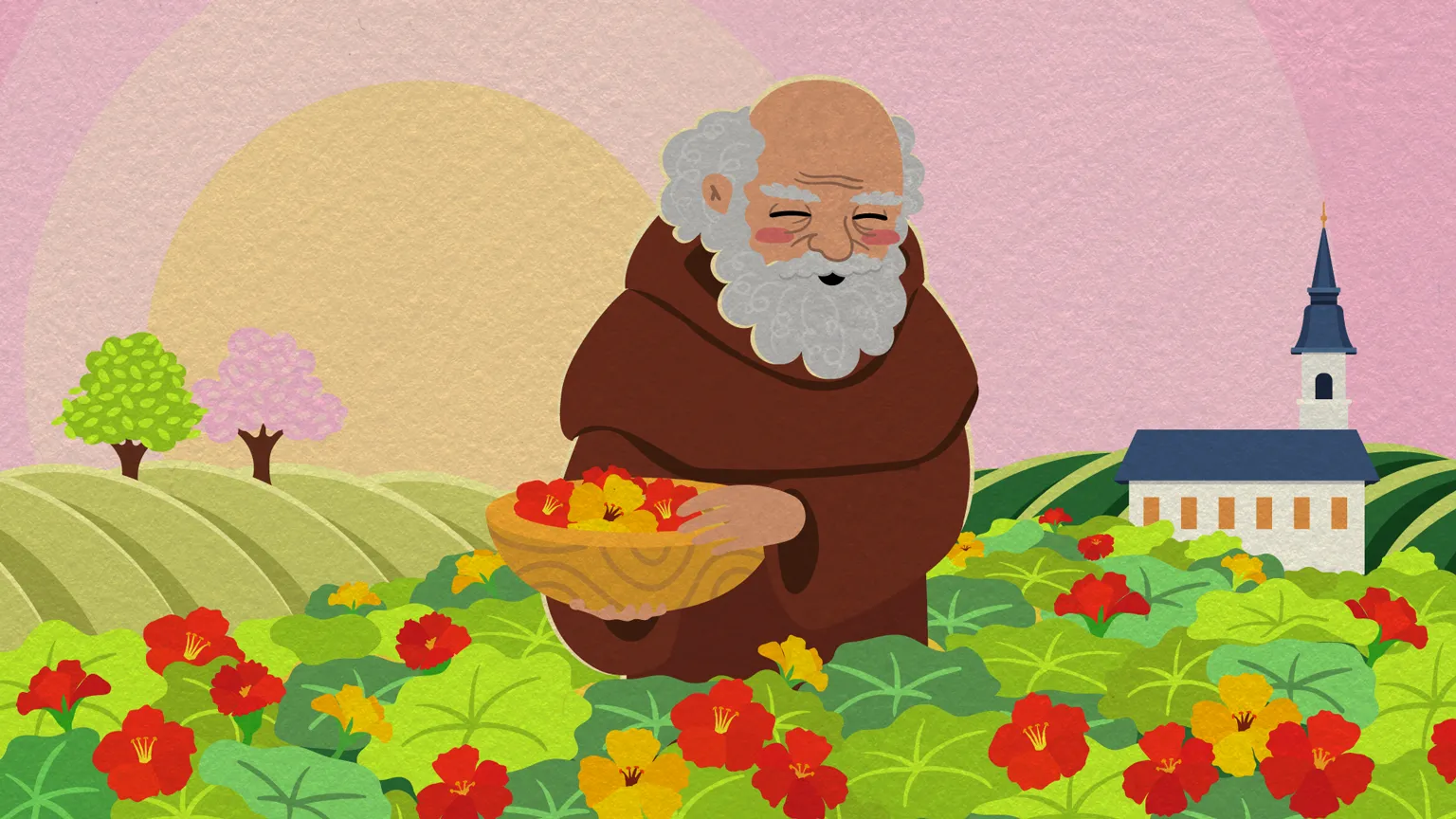 Illustration eines Mönchs bei der Ernte von Kapuzinerkresse im Klostergarten – traditionelle Heilpflanze für pflanzliche Arzneimittel.