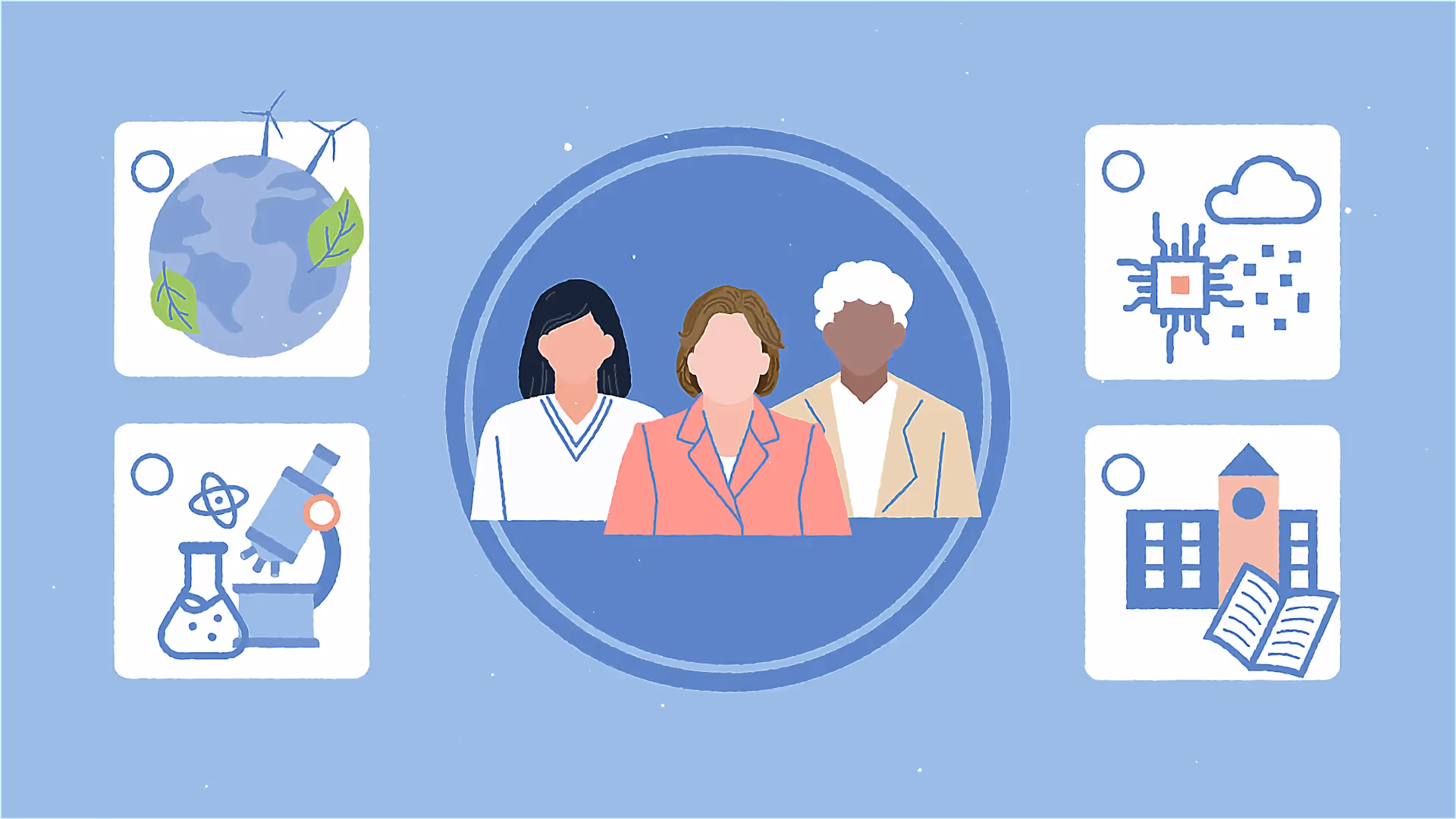 Illustration von drei Abgeordneten im Landtag Rheinland-Pfalz, umgeben von Symbolen für Umwelt, Wissenschaft, Digitalisierung und Bildung.