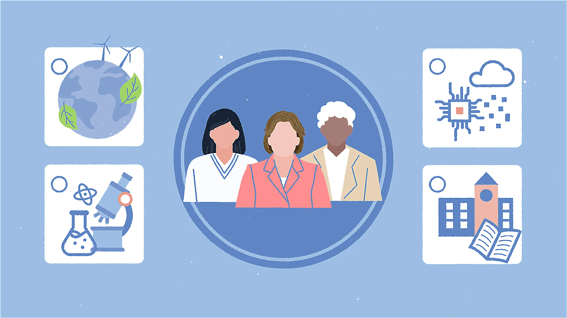 Illustration von drei Abgeordneten im Landtag Rheinland-Pfalz, umgeben von Symbolen für Umwelt, Wissenschaft, Digitalisierung und Bildung.