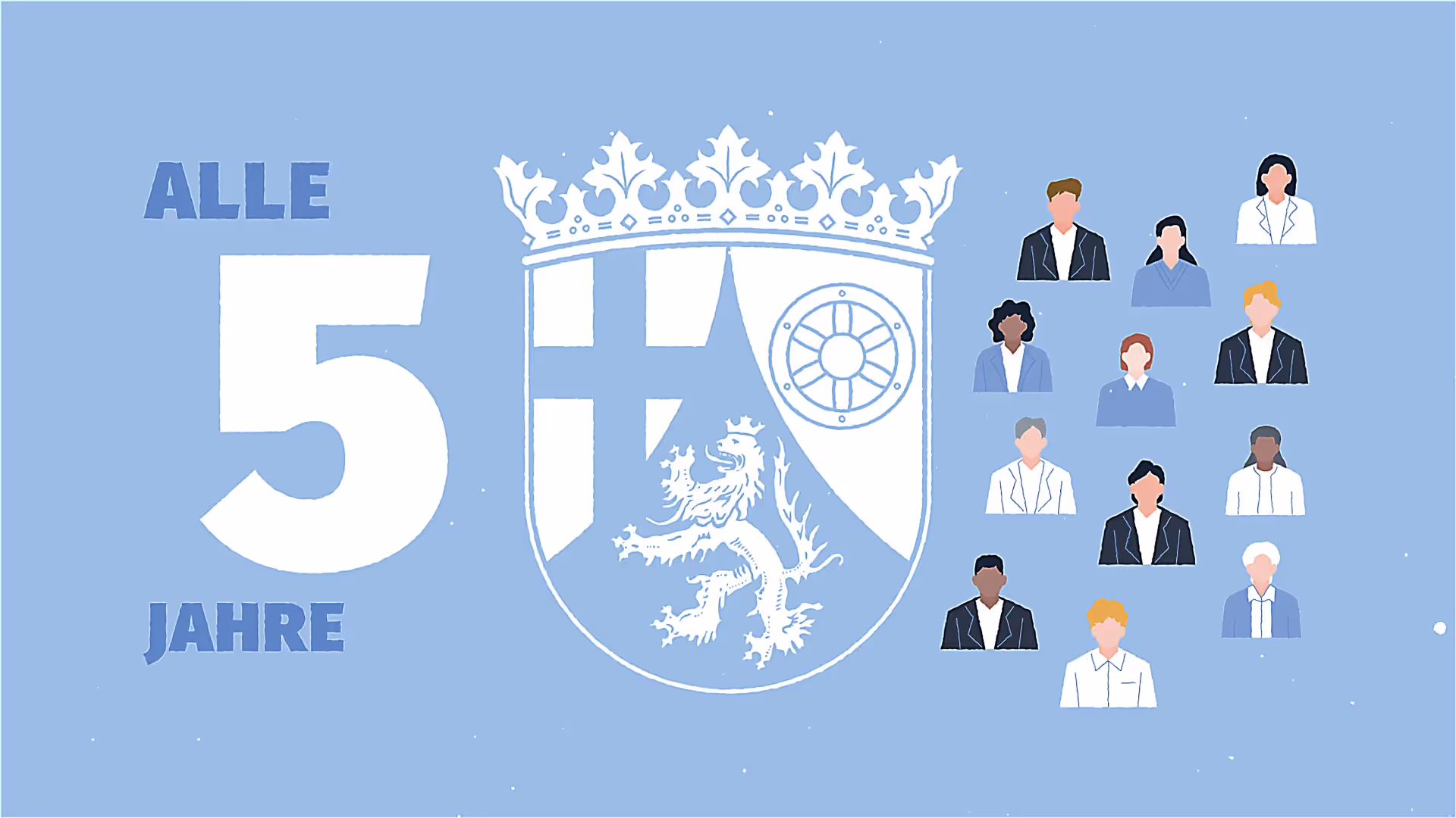 Illustration mit Landeswappen Rheinland-Pfalz, Text „Alle 5 Jahre“ und Abgeordneten-Symbolen für Landtagswahl.