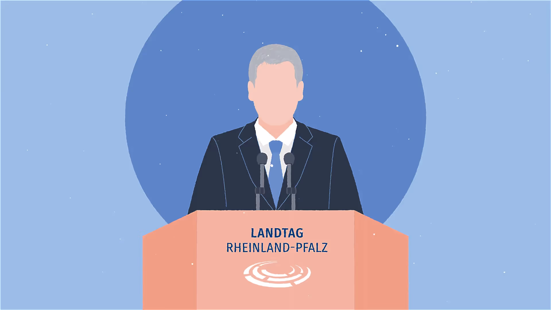 2D-Erklärvideo-Illustration eines Redners am Pult mit der Aufschrift „Landtag Rheinland-Pfalz“. Bildungsanimation zur politischen Bildung – erklärt Demokratie, Regierung und parlamentarische Arbeit anschaulich.