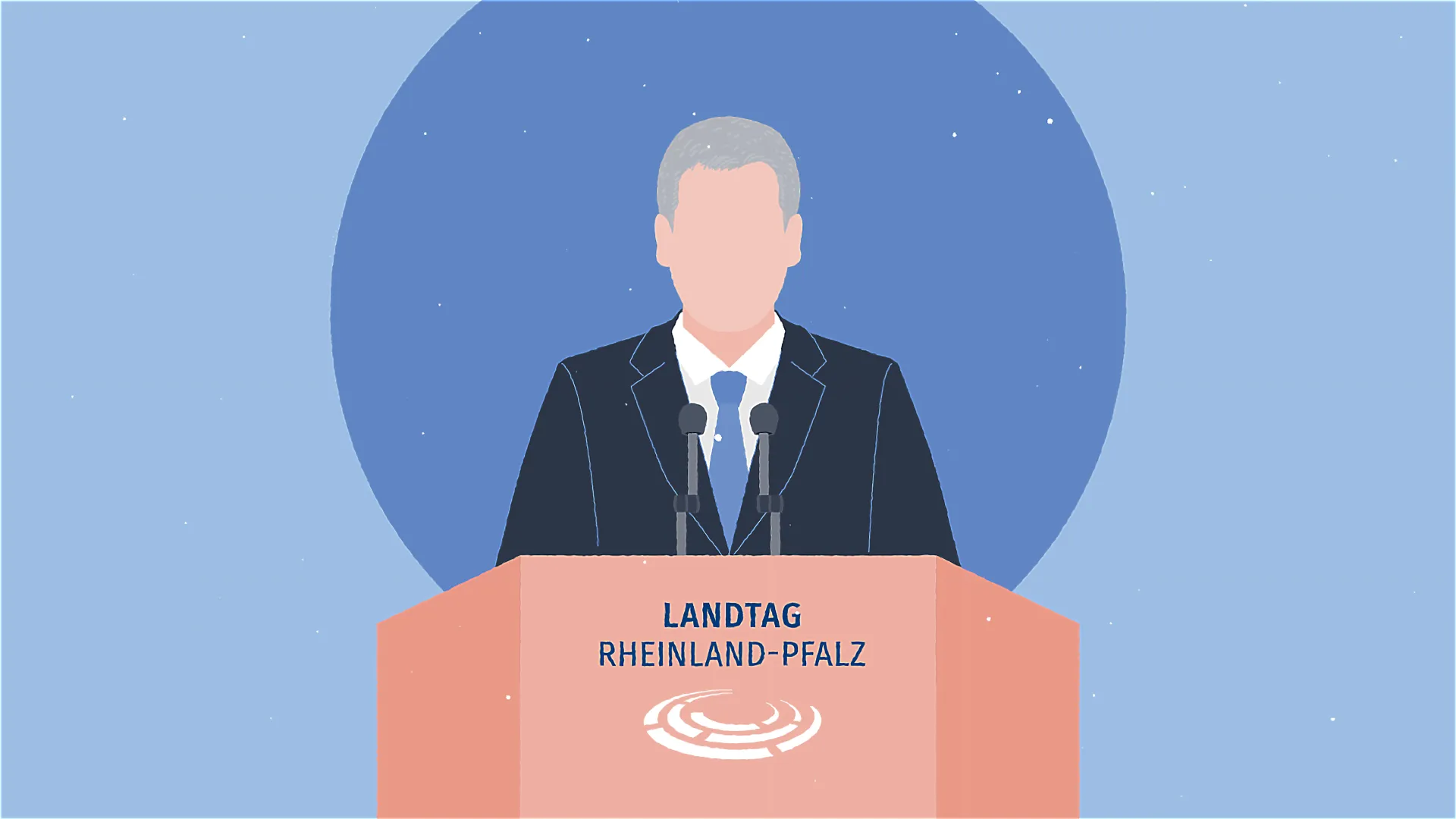 2D-Erklärvideo-Illustration eines Redners am Pult mit der Aufschrift „Landtag Rheinland-Pfalz“. Bildungsanimation zur politischen Bildung – erklärt Demokratie, Regierung und parlamentarische Arbeit anschaulich.