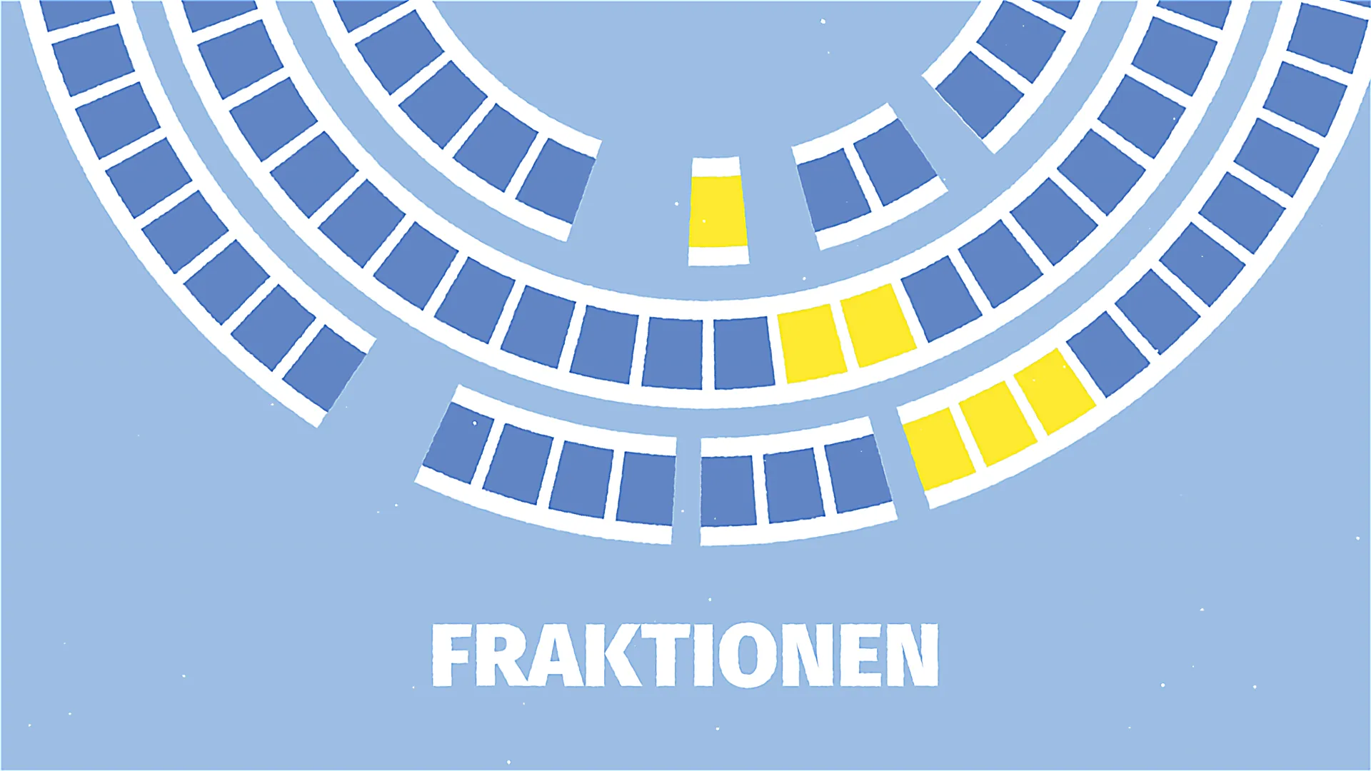 2D-Erklärvideo-Illustration eines Parlamentssitzplans mit markierten Fraktionen in Blau und Gelb. Bildungsanimation zur politischen Bildung – erklärt Aufbau, Fraktionen und Sitzverteilung im Landtag anschaulich.