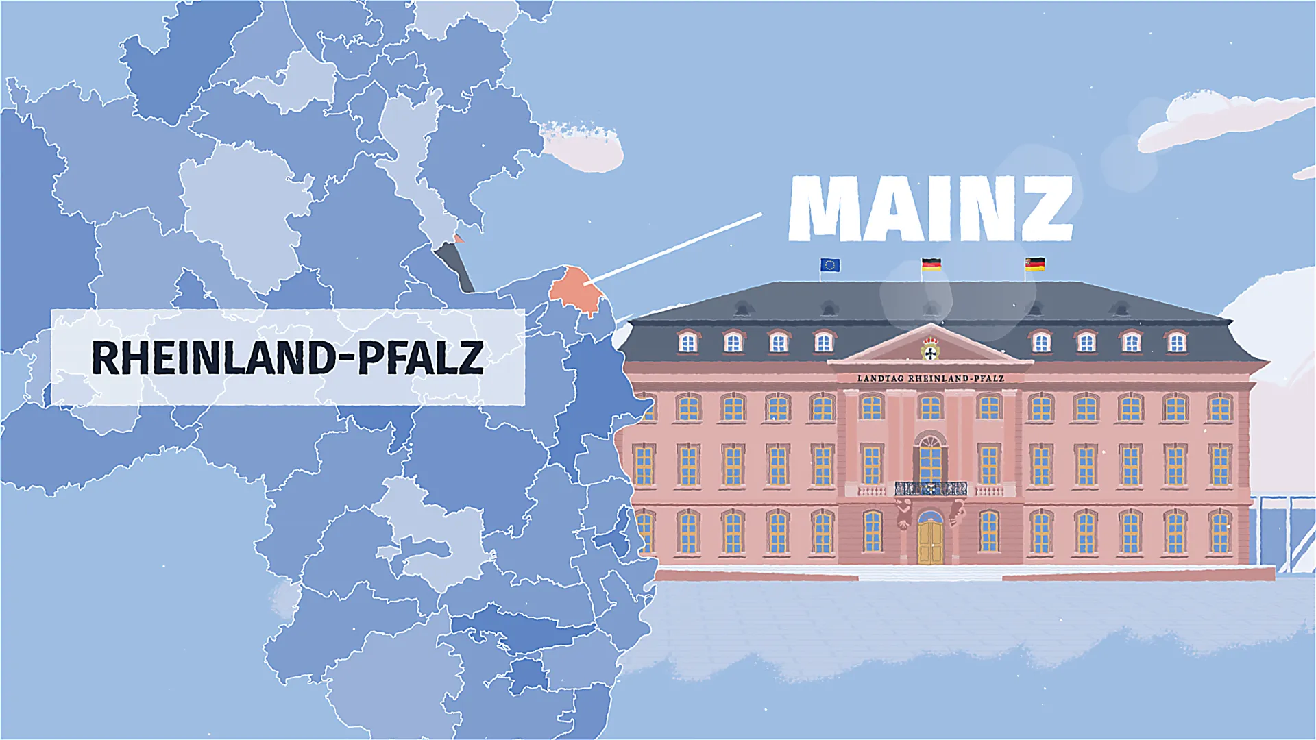 Illustration des Landtags Rheinland-Pfalz in Mainz mit Karte Deutschlands und Markierung des Bundeslandes.
