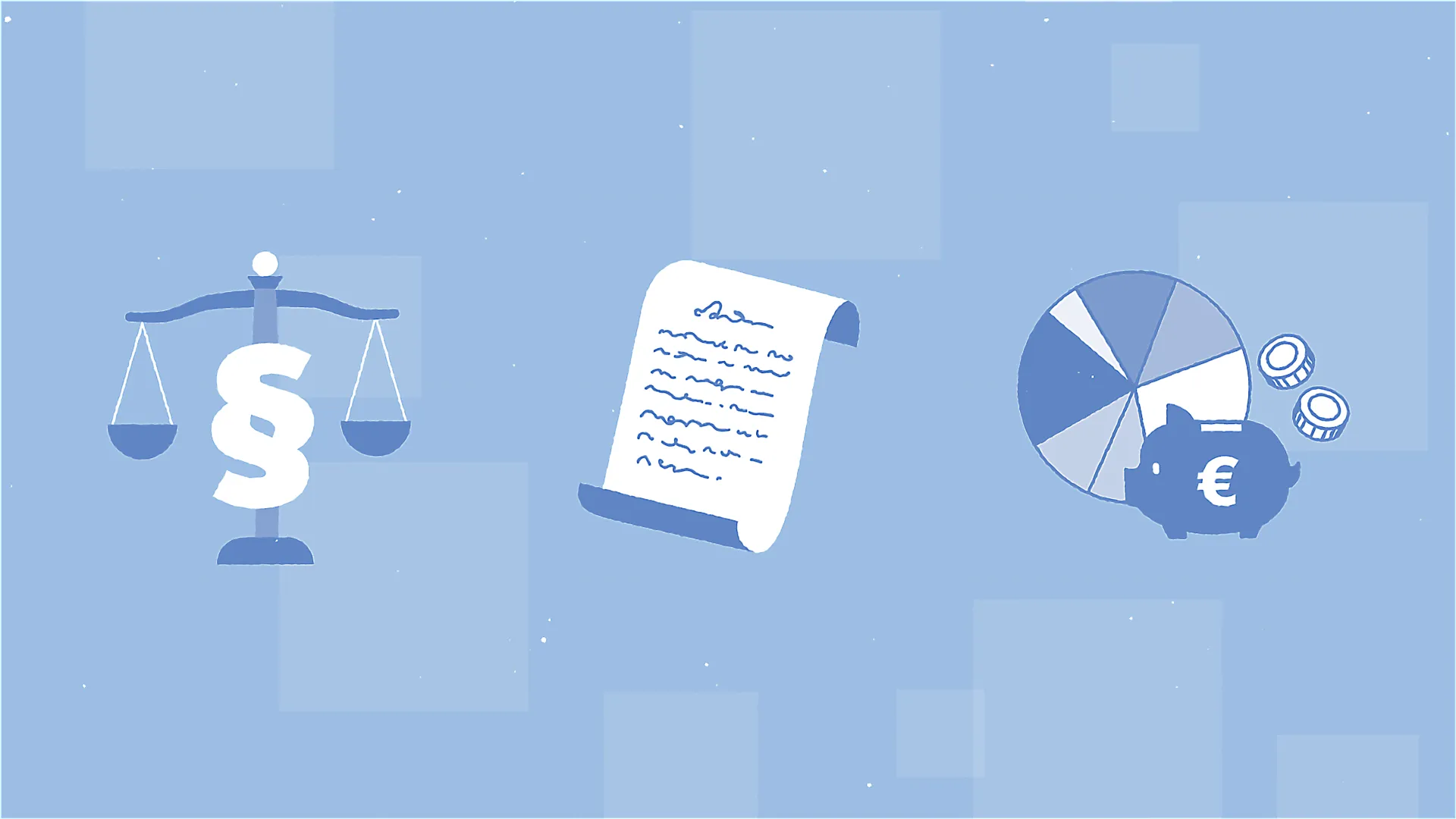 2D-Erklärvideo-Illustration mit Symbolen für Recht, Gesetz, Bildung und Finanzen. Bildungsanimation zur politischen und wirtschaftlichen Aufklärung – erklärt Gesetzgebung, Haushaltsplanung und staatliche Verantwortung.