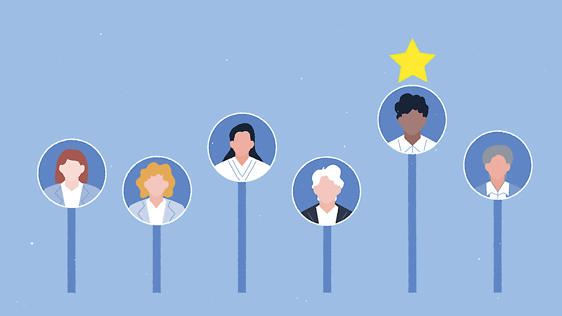 2D-Erklärvideo-Illustration mit sechs stilisierten Personen, eine davon mit gelbem Stern hervorgehoben. Bildungsanimation zur politischen Bildung – erklärt Wahlprinzip, Repräsentation und Entscheidungsprozesse anschaulich.