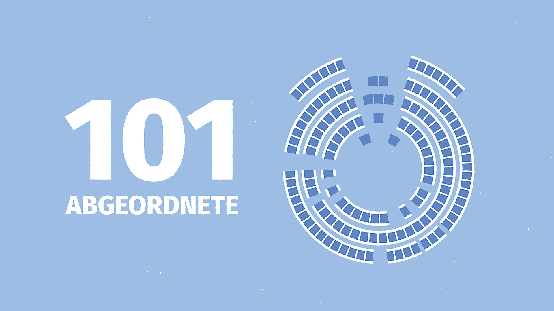 2D-Erklärvideo-Grafik mit Sitzverteilung und der Zahl 101 Abgeordnete. Animierte Bildungsillustration zur politischen Bildung – erklärt Parlamentsaufbau, Demokratie und Wahlprozesse anschaulich.