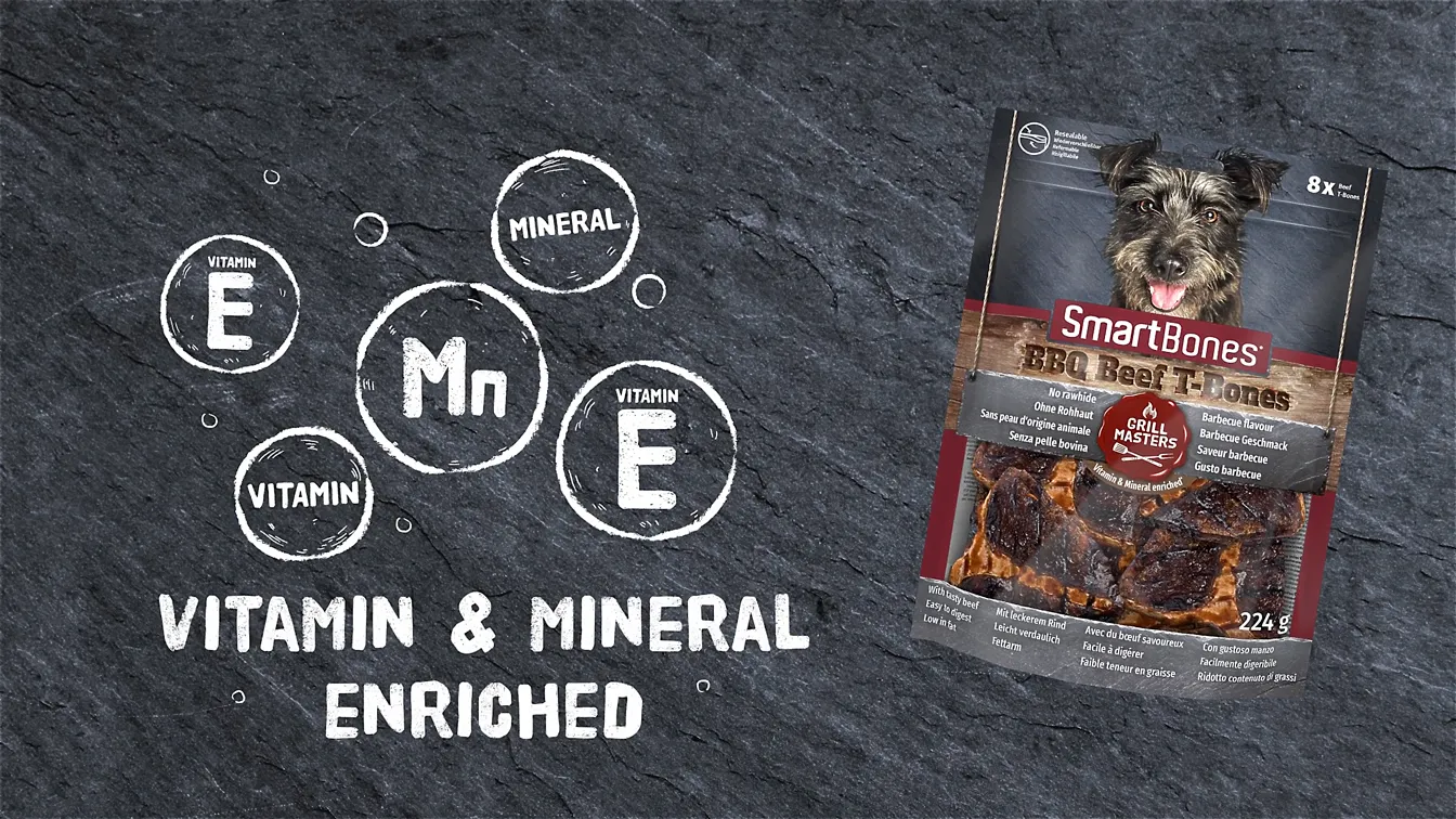 SmartBones Hundesnack BBQ Beef T-Bones mit Vitaminen und Mineralstoffen angereichert, Verpackungsvorschau.