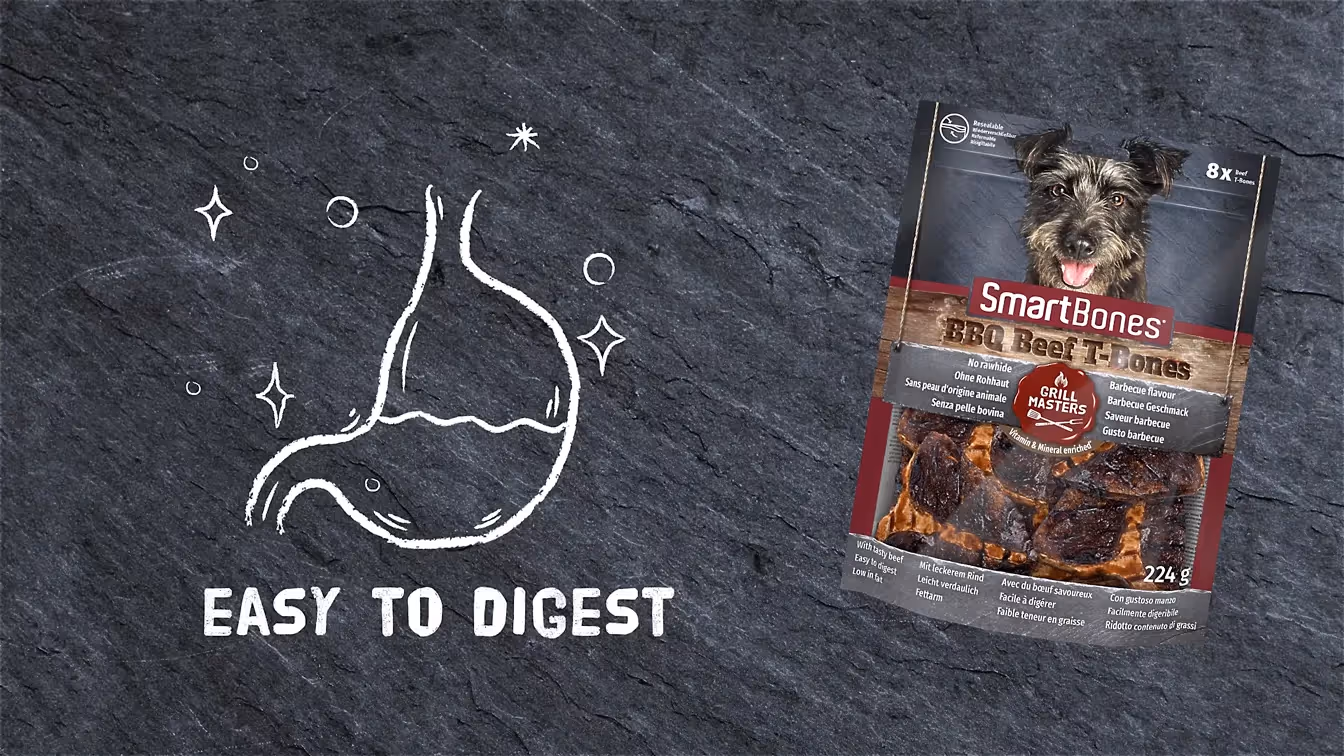 SmartBones BBQ Beef T-Bones Hundesnack leicht verdaulich, Produktverpackung mit Illustrationen.