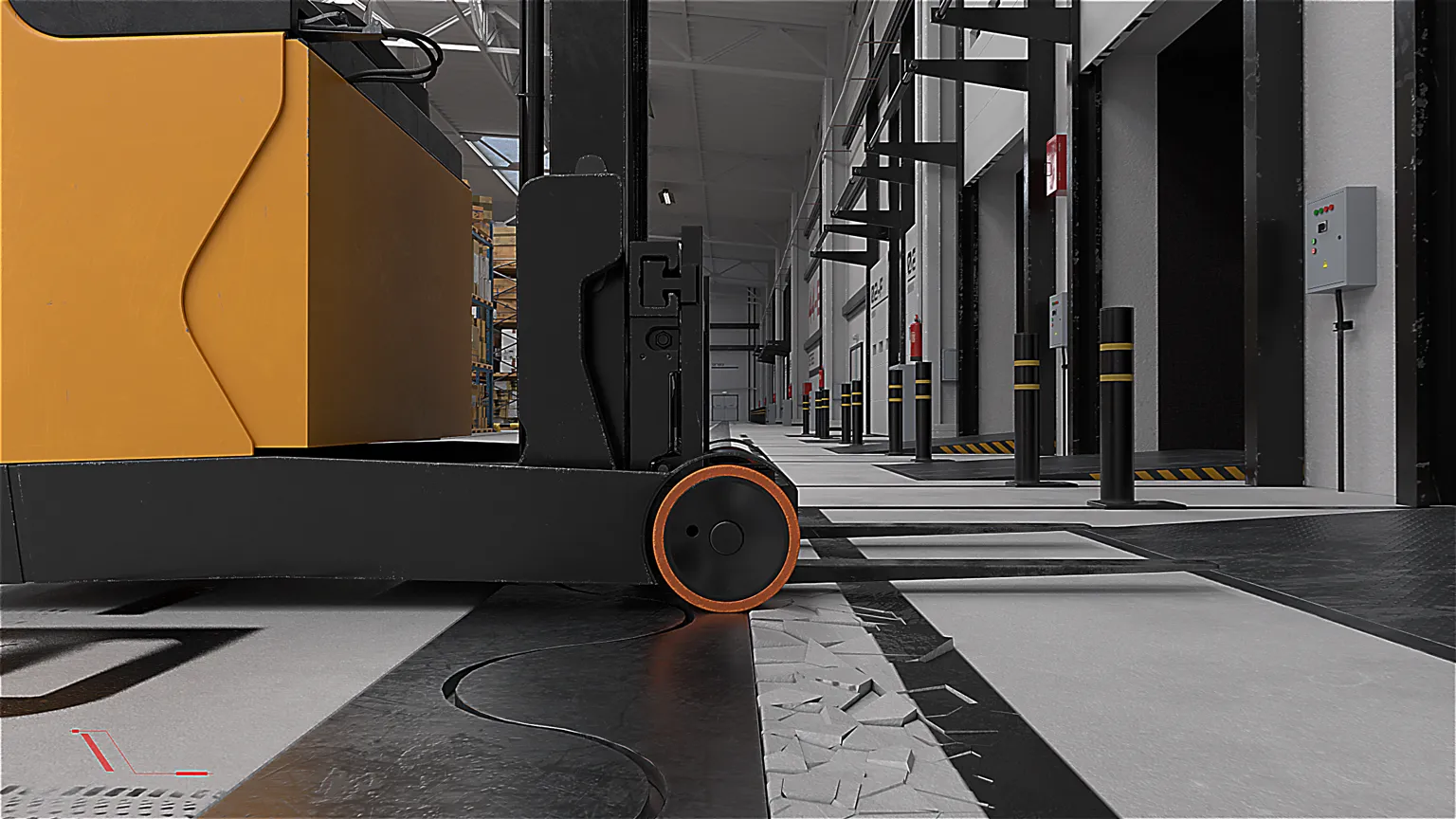 3D-Animation eines Gabelstaplers im Lager mit SIMA Bodenführungssystem – präzise Intralogistiklösung.