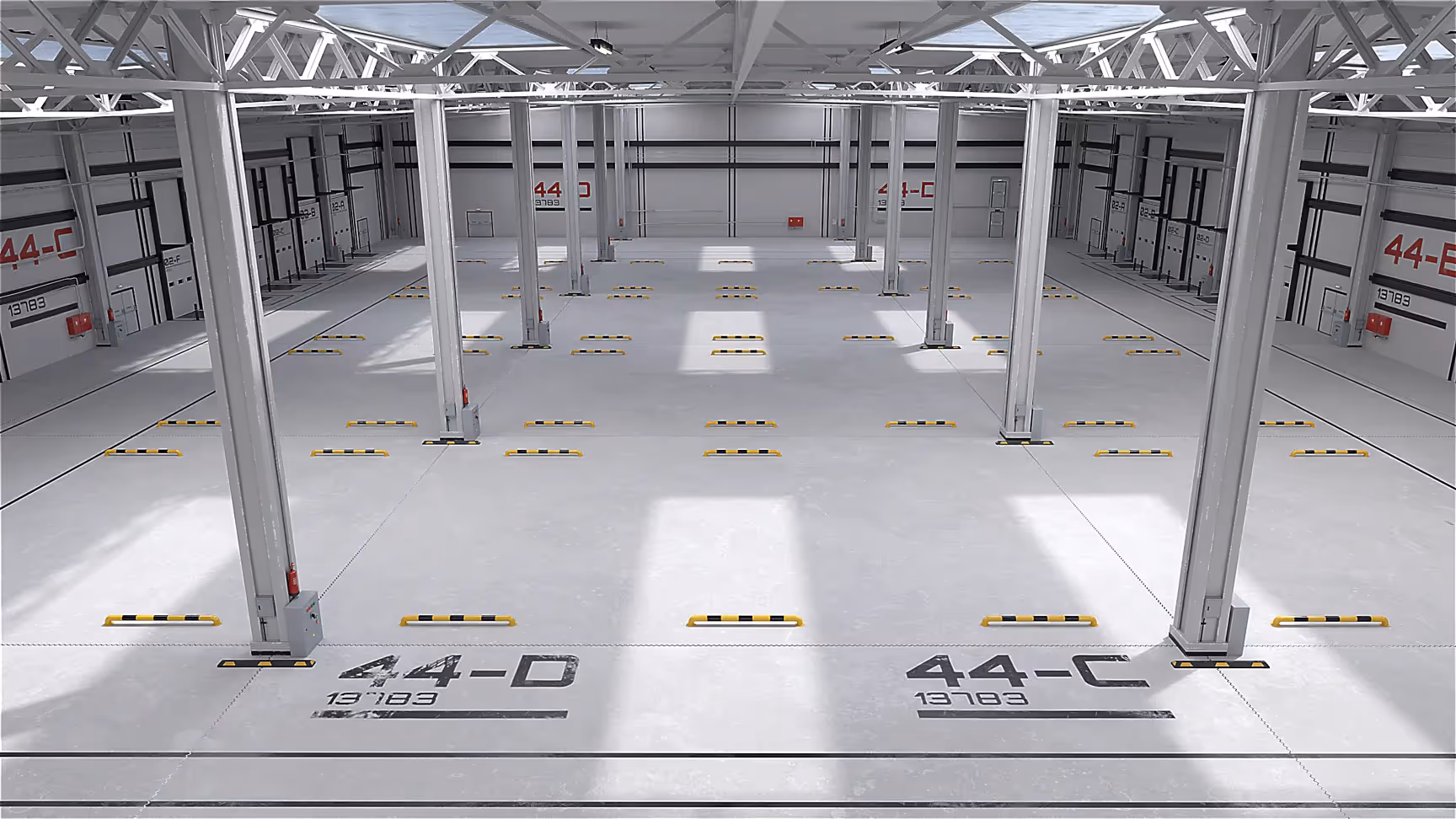 3D-Visualisierung einer modernen Lagerhalle mit SIMA Automatisierungssystem und Bodenführung.