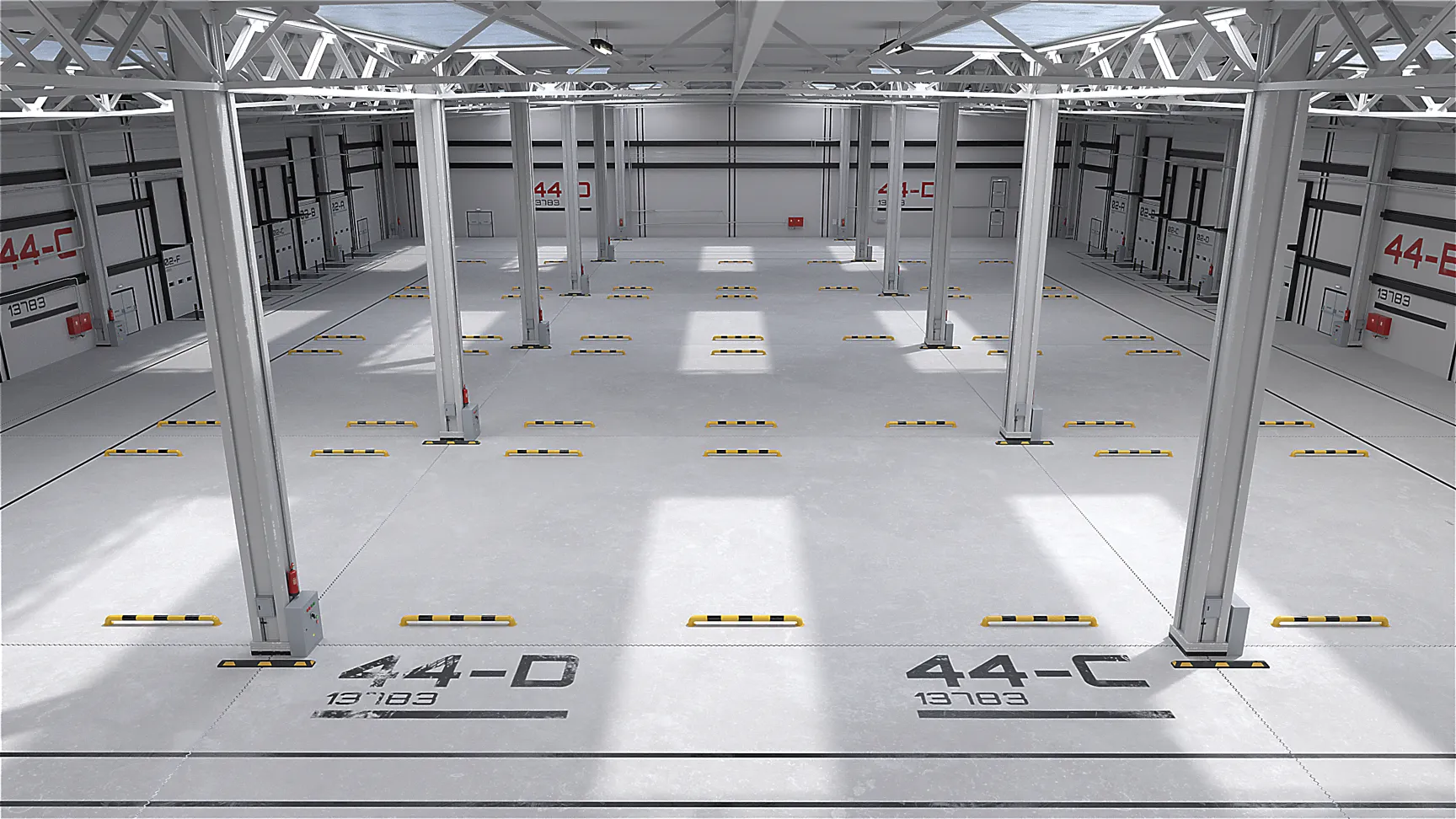 3D-Visualisierung einer modernen Lagerhalle mit SIMA Automatisierungssystem und Bodenführung.