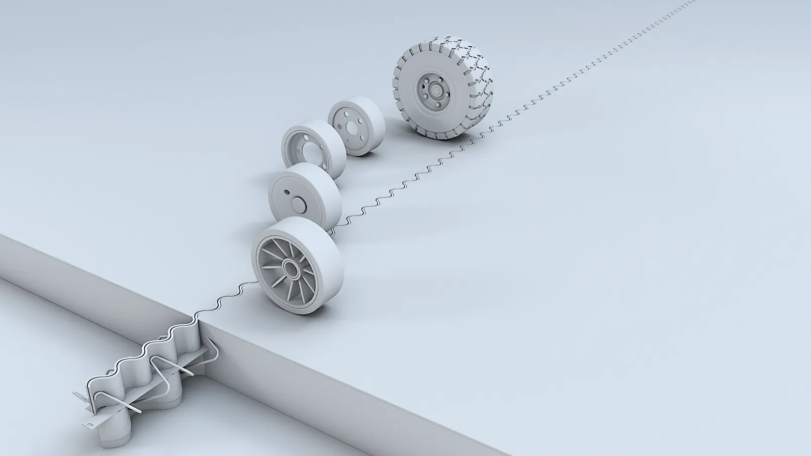 3D-Animation verschiedener Räder für SIMA Bodenleitsystem – technische Darstellung der Intralogistiklösung.