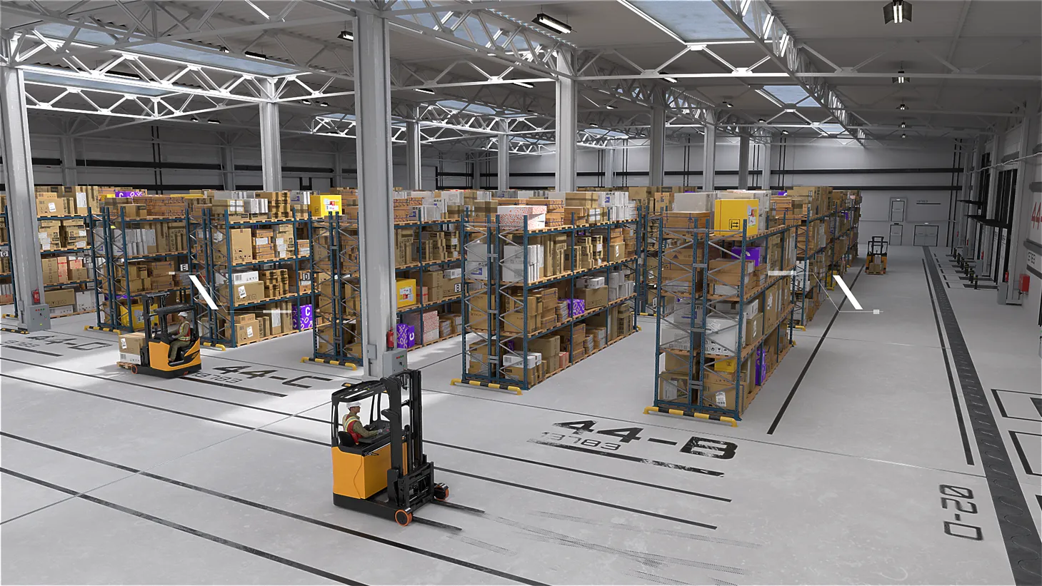 3D-Visualisierung einer automatisierten Lagerhalle mit Regalen, Gabelstaplern und SIMA Technologie.