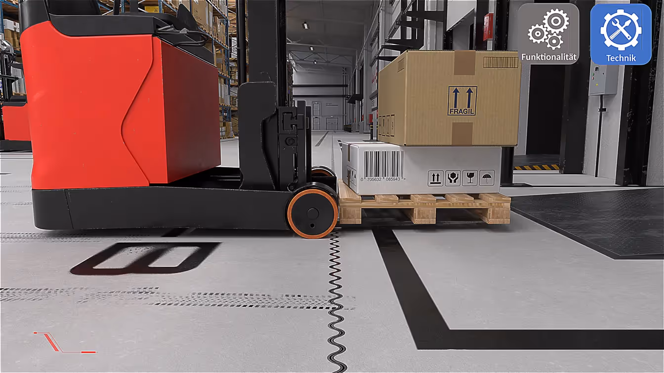 3D-Animation eines Gabelstaplers mit Palette im Lager – SIMA Technik für effiziente Warenlogistik.