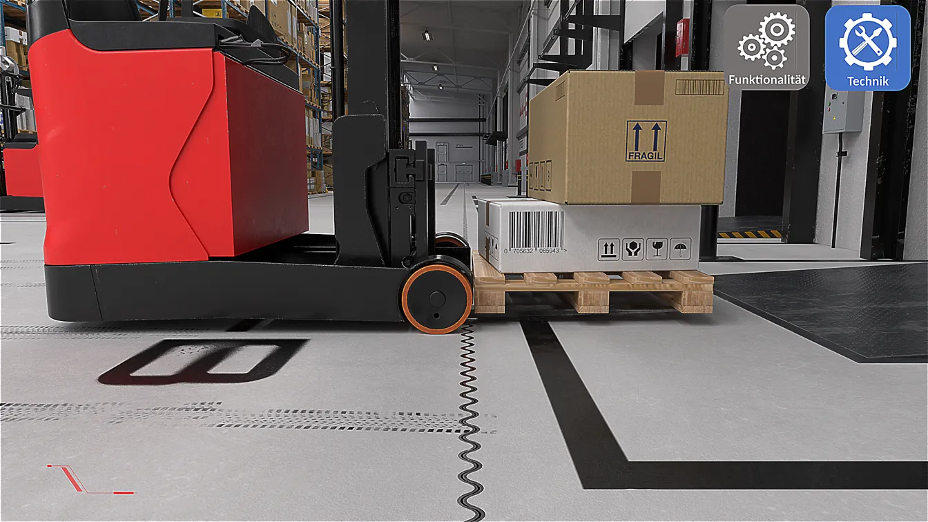 3D-Animation eines Gabelstaplers mit Palette im Lager – SIMA Technik für effiziente Warenlogistik.