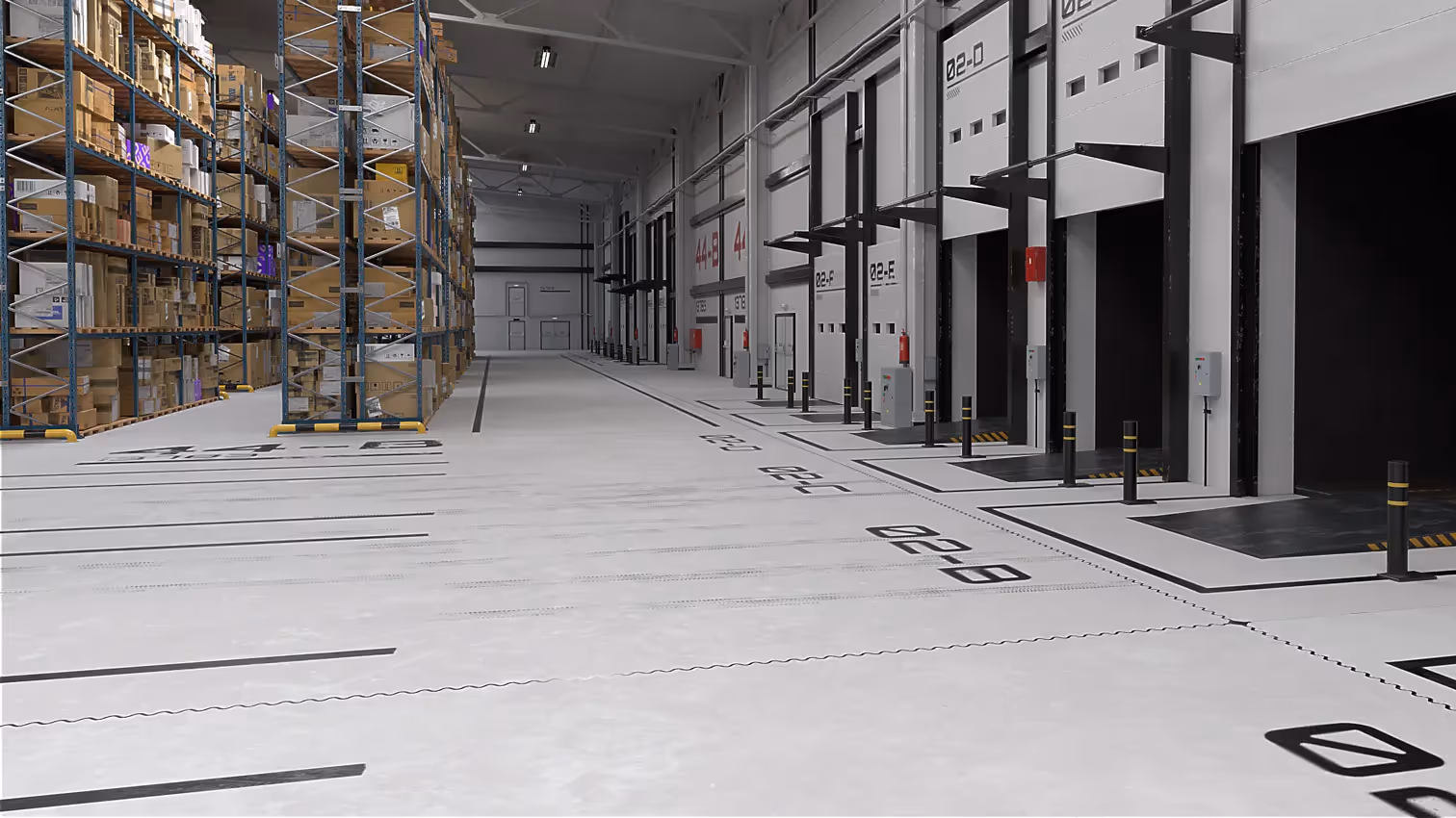 3D-Visualisierung einer Lagerhalle mit SIMA Andockstationen und automatisierter Steuerung.