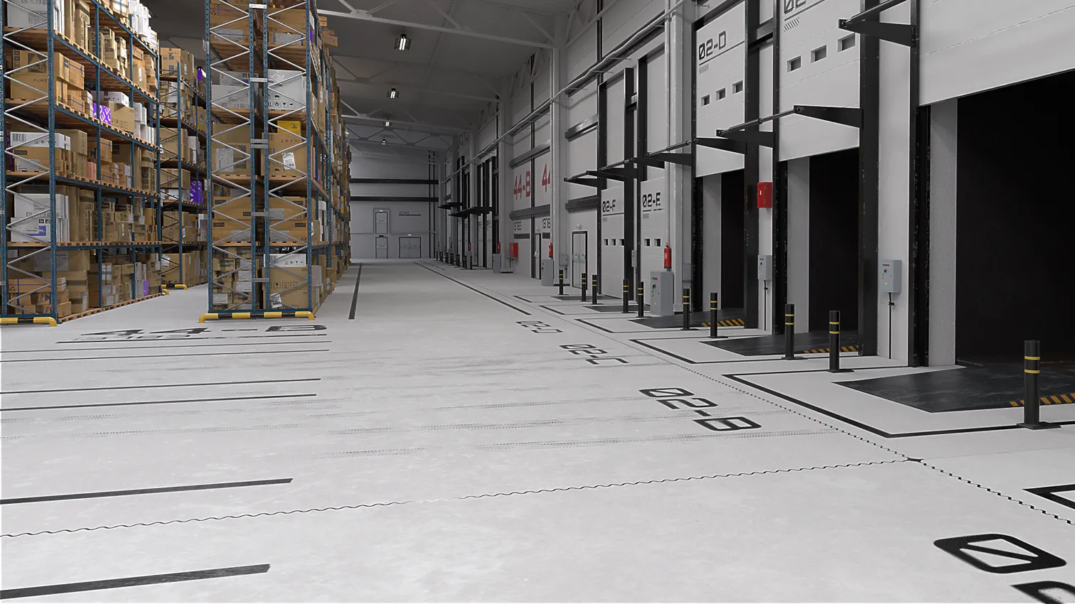 3D-Visualisierung einer Lagerhalle mit SIMA Andockstationen und automatisierter Steuerung.