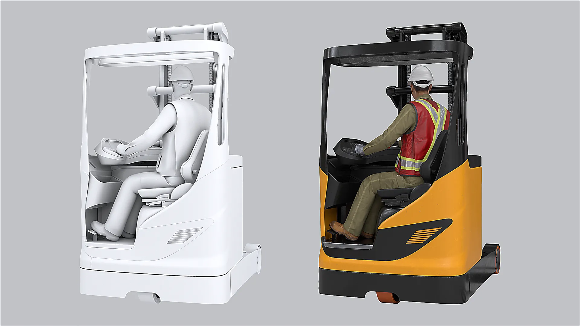 3D-Animation eines Staplerfahrers im SIMA System – von Weißmodell bis realistische Visualisierung.