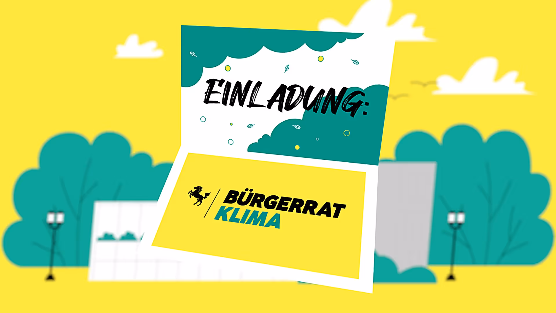 Farbenfrohe 2D-Illustration einer Einladungskarte mit Text „Einladung: Bürgerrat Klima“ auf gelbem Hintergrund, stilisierte Bäume und Wolken – modernes flaches Erklärvideo-Design.