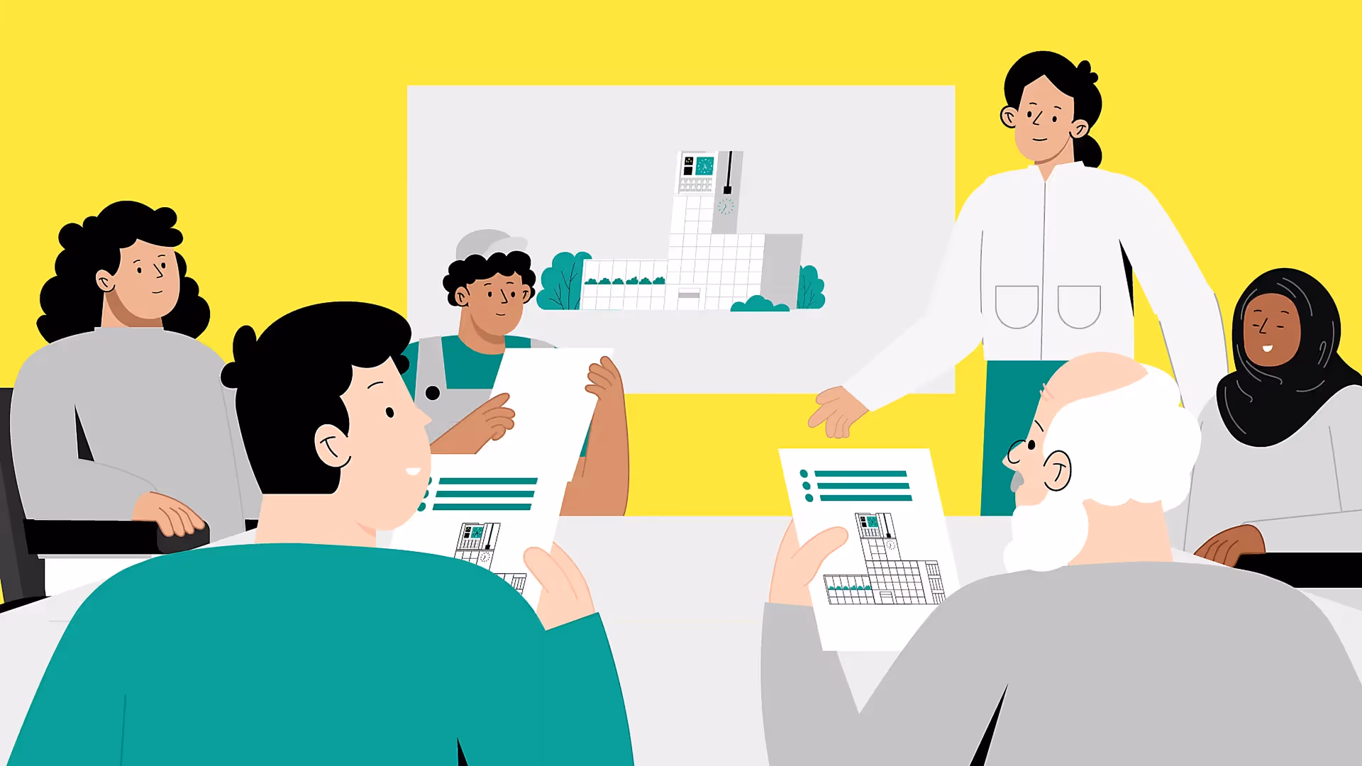 Farbige 2D-Illustration einer Diskussion am Tisch mit Männern und Frauen, darunter ältere Personen und ein Handwerker, Präsentation im Hintergrund – flacher Erklärvideo-Stil in Gelb, Grün und Grau.