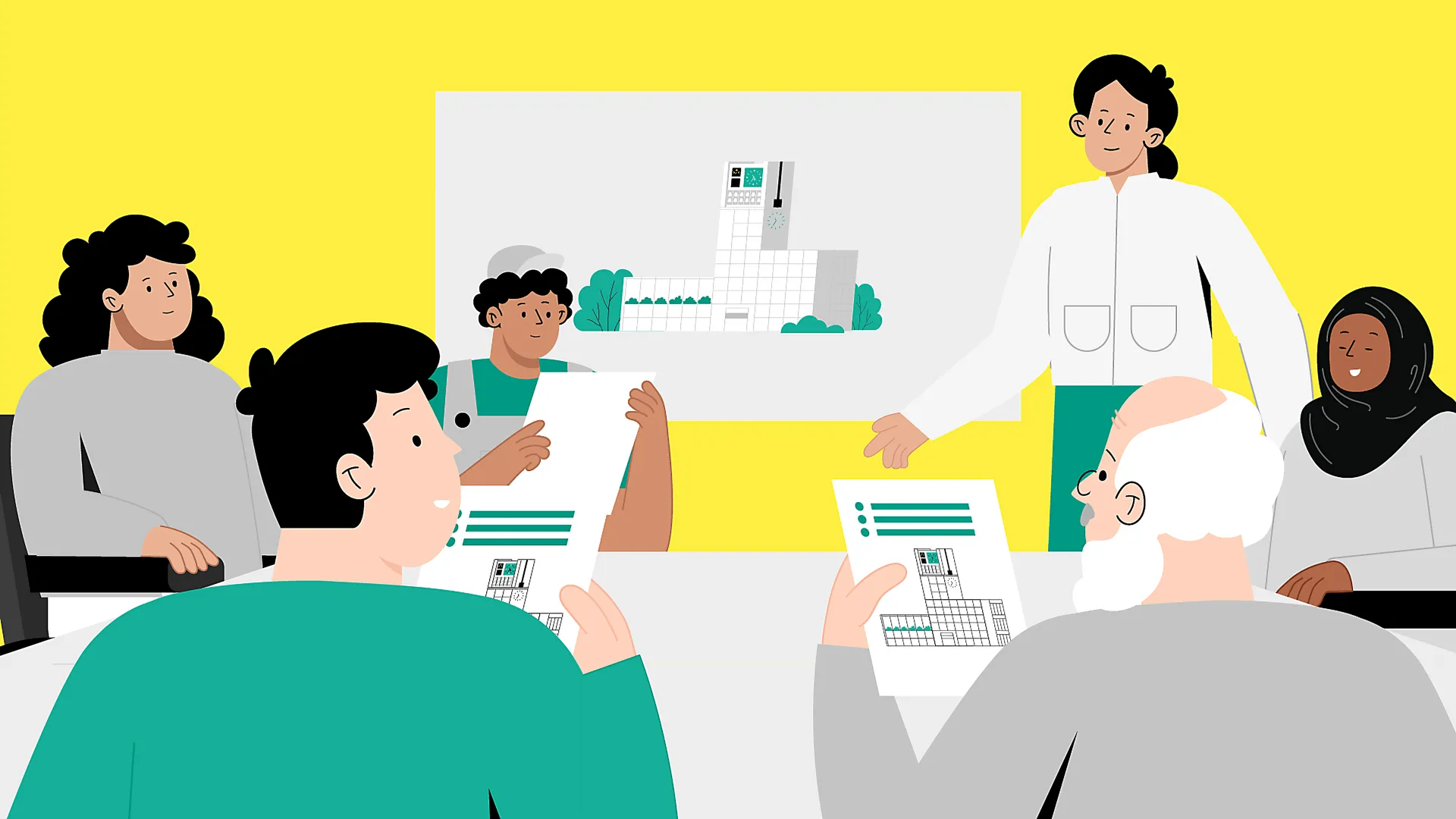 Farbige 2D-Illustration einer Diskussion am Tisch mit Männern und Frauen, darunter ältere Personen und ein Handwerker, Präsentation im Hintergrund – flacher Erklärvideo-Stil in Gelb, Grün und Grau.
