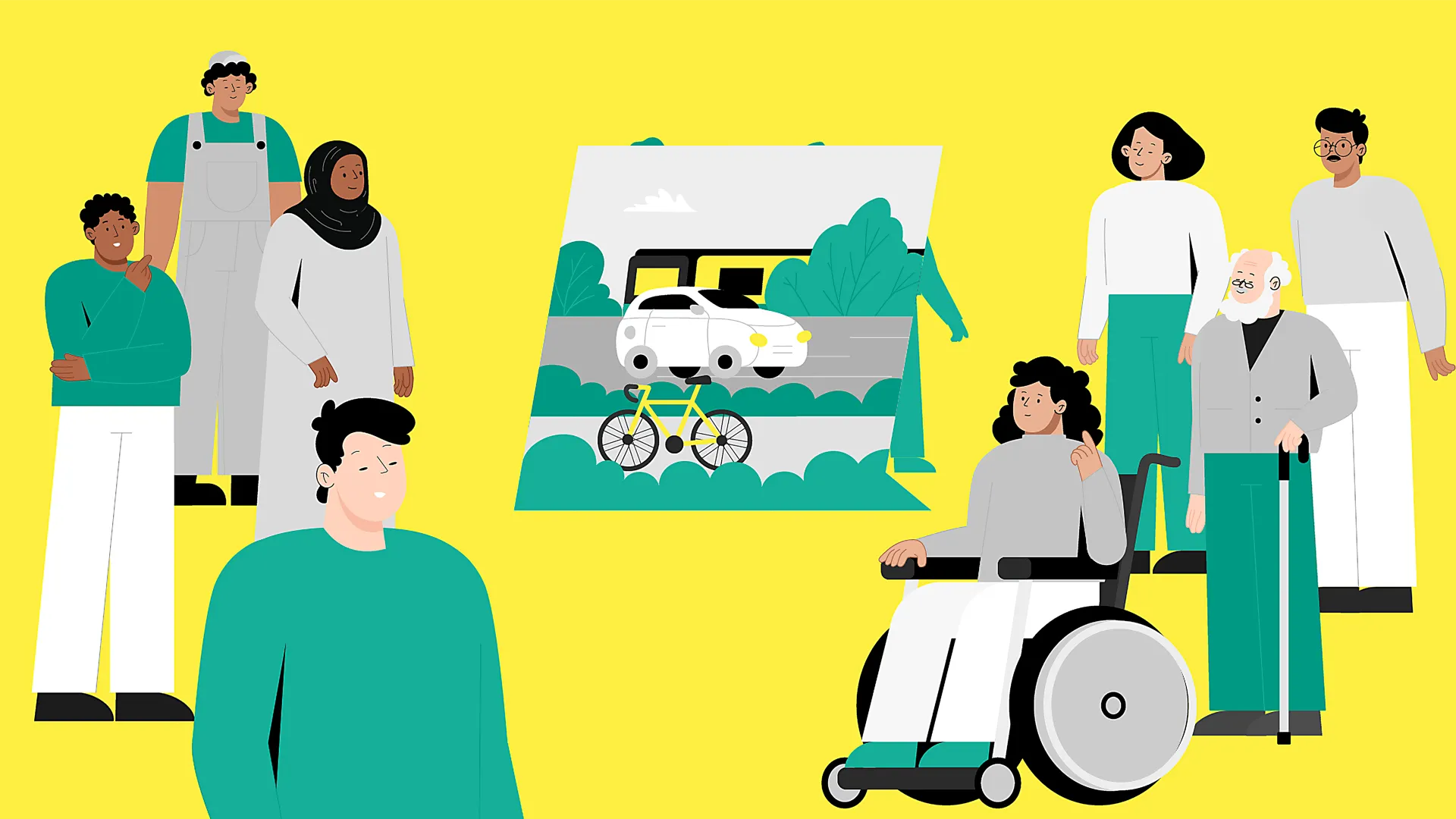 2D-Illustration einer gemischten Gruppe von Bürgerinnen und Bürgern, die über Mobilität diskutieren, großes Bild mit Auto, Fahrrad und Bus im Zentrum, gelber Hintergrund – moderner Erklärvideo-Stil.