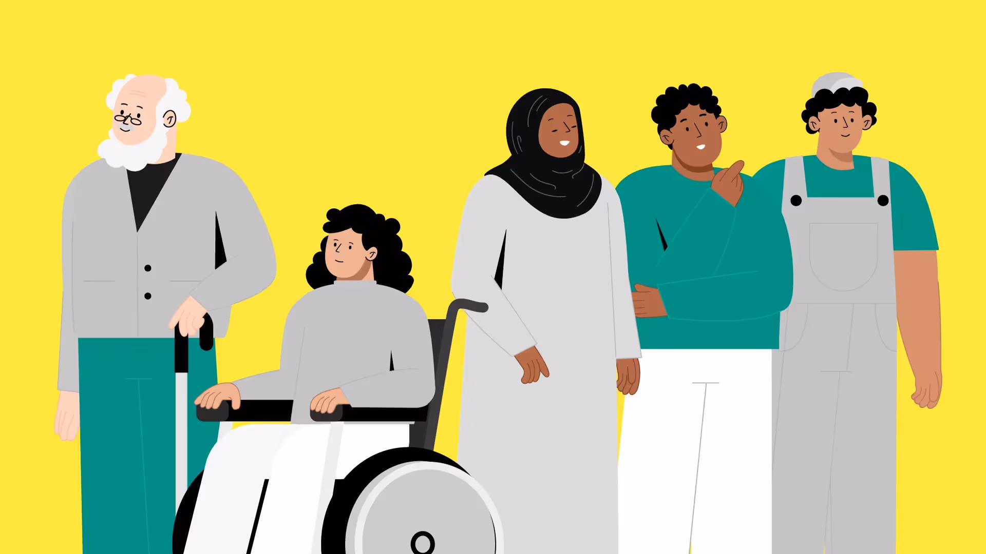 Illustration in kräftigen Farben mit Menschen verschiedener Generationen, darunter eine Person im Rollstuhl, ältere Menschen und junge Erwachsene, vor gelbem Hintergrund – flaches 2D-Design.