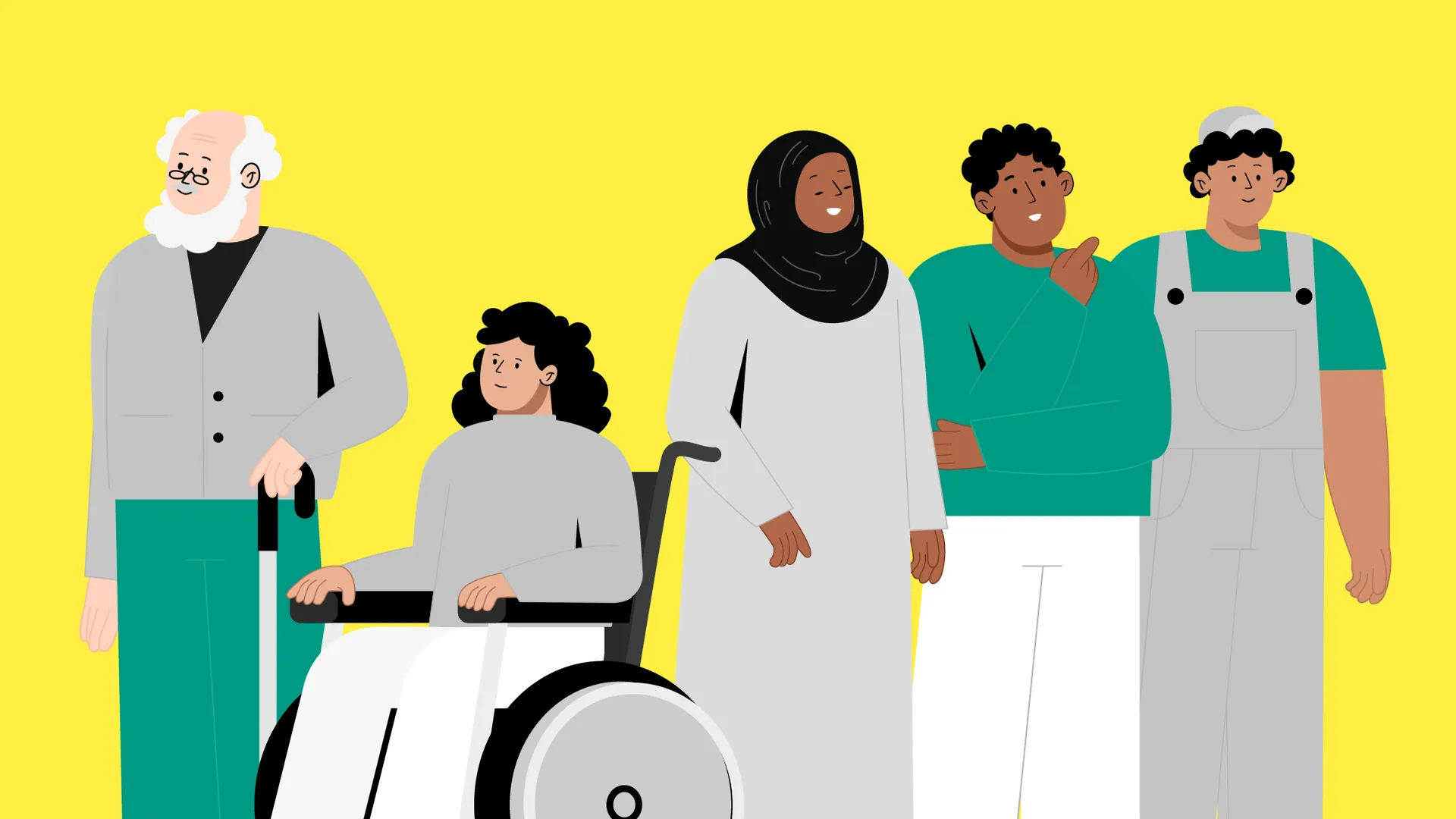 Illustration in kräftigen Farben mit Menschen verschiedener Generationen, darunter eine Person im Rollstuhl, ältere Menschen und junge Erwachsene, vor gelbem Hintergrund – flaches 2D-Design.