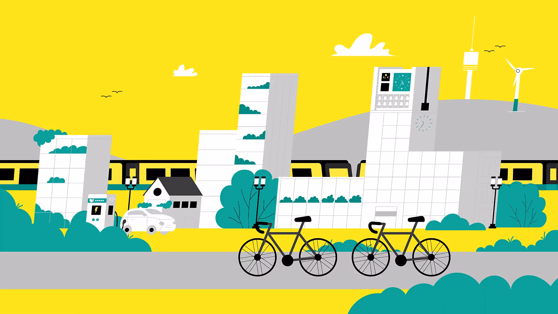 Bunte 2D-Illustration einer nachhaltigen Stadt mit Fahrrädern im Vordergrund, Elektroauto an Ladesäule, Zug, modernen Gebäuden und Windrad – flacher animierter Erklärvideo-Stil in Gelb, Grün und Grau.