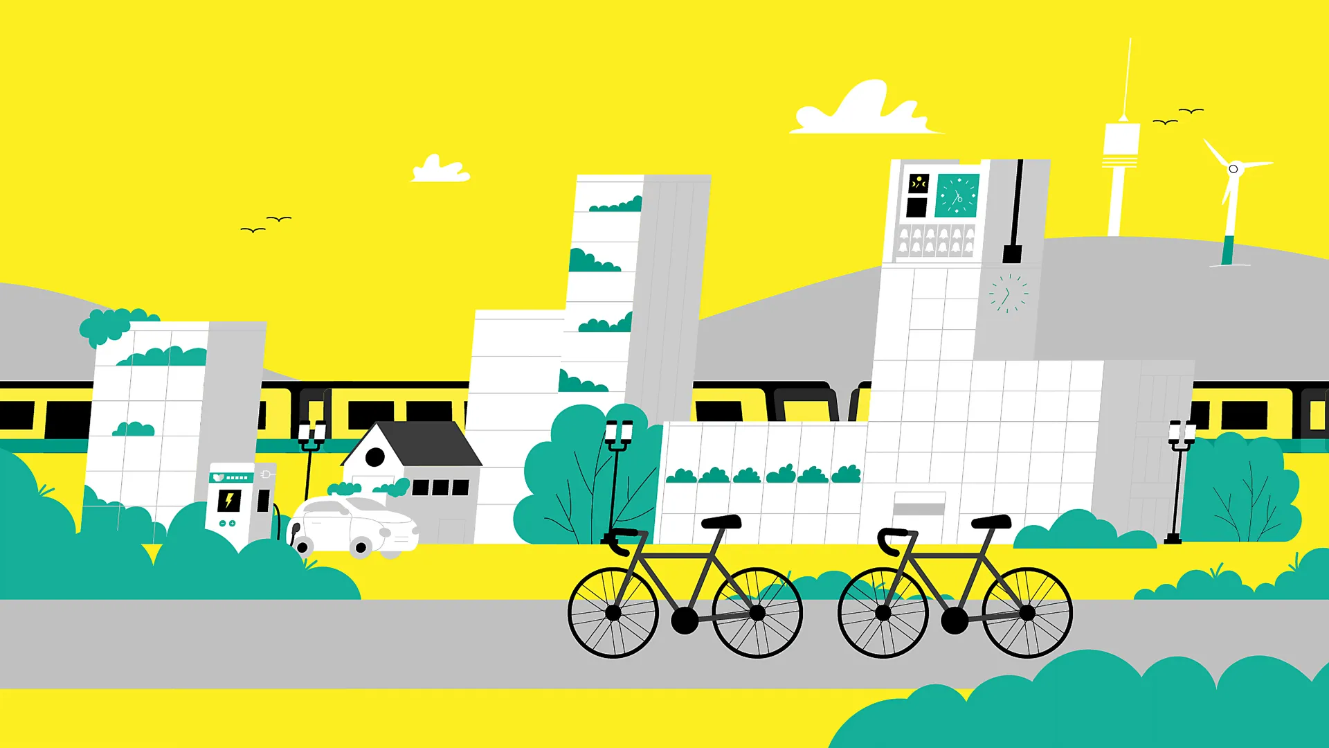 Bunte 2D-Illustration einer nachhaltigen Stadt mit Fahrrädern im Vordergrund, Elektroauto an Ladesäule, Zug, modernen Gebäuden und Windrad – flacher animierter Erklärvideo-Stil in Gelb, Grün und Grau.