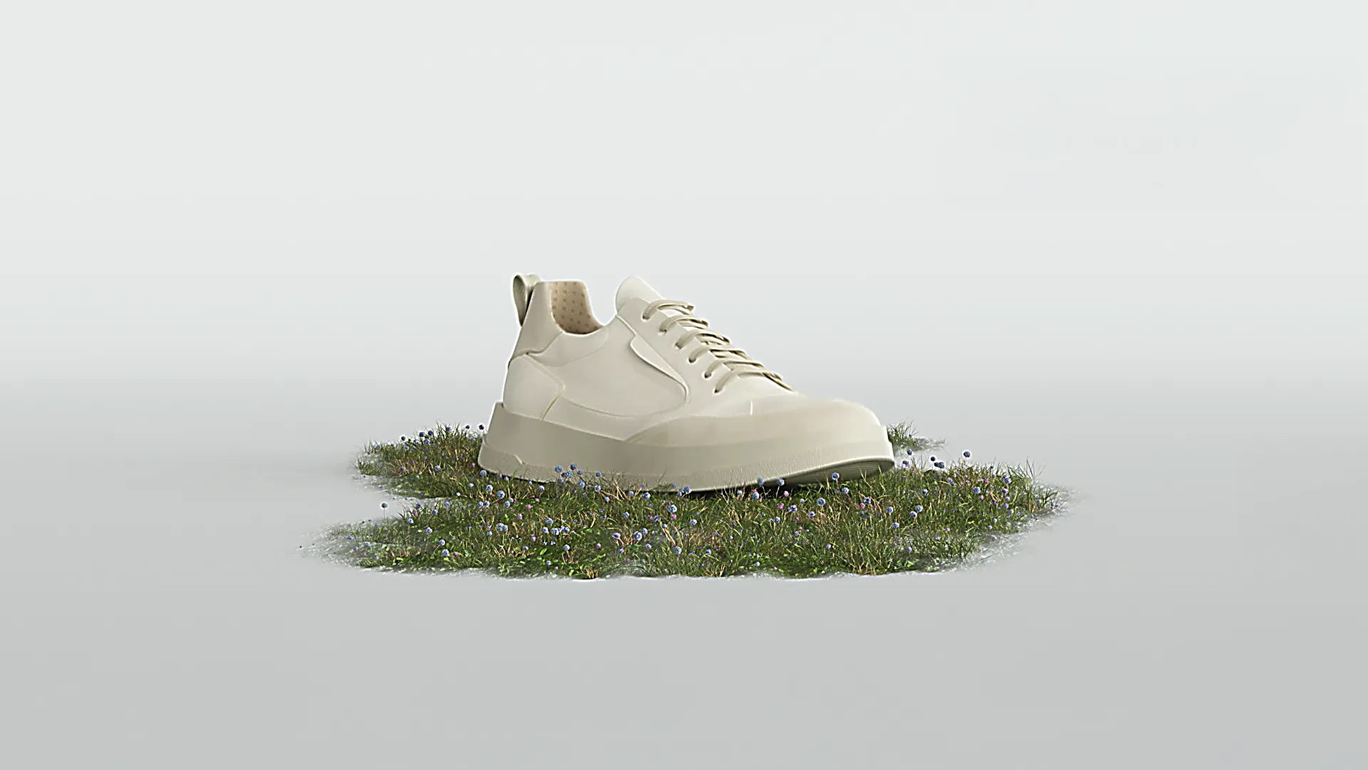 Moderner, weißer Sneaker auf einer grünen Wiese mit kleinen Blumen, minimalistische Darstellung.