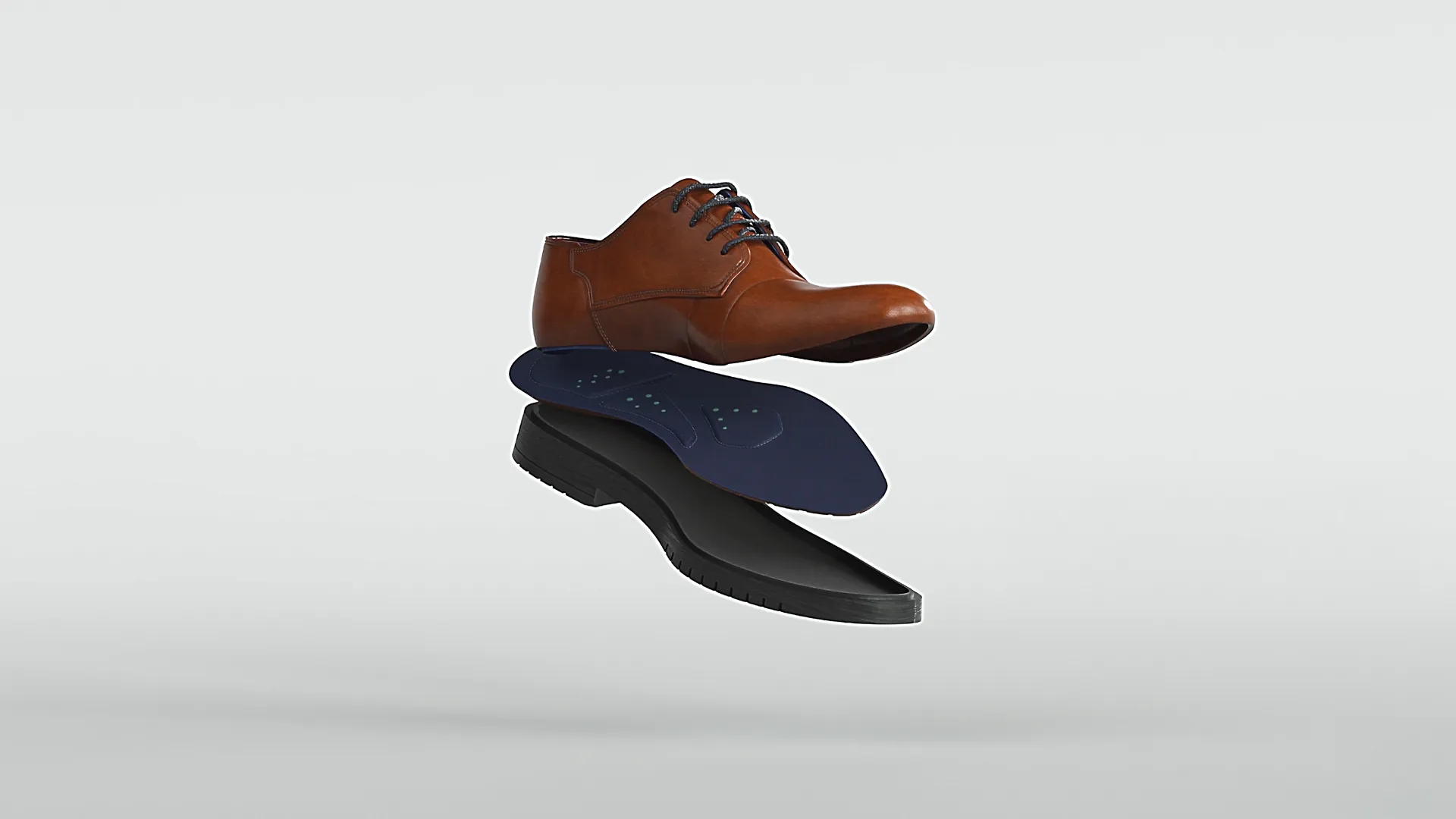 Brauner Lederschuh in Einzelteile zerlegt: Obermaterial, blaue Einlegesohle und schwarze Laufsohle, schwebend auf grauem Hintergrund.