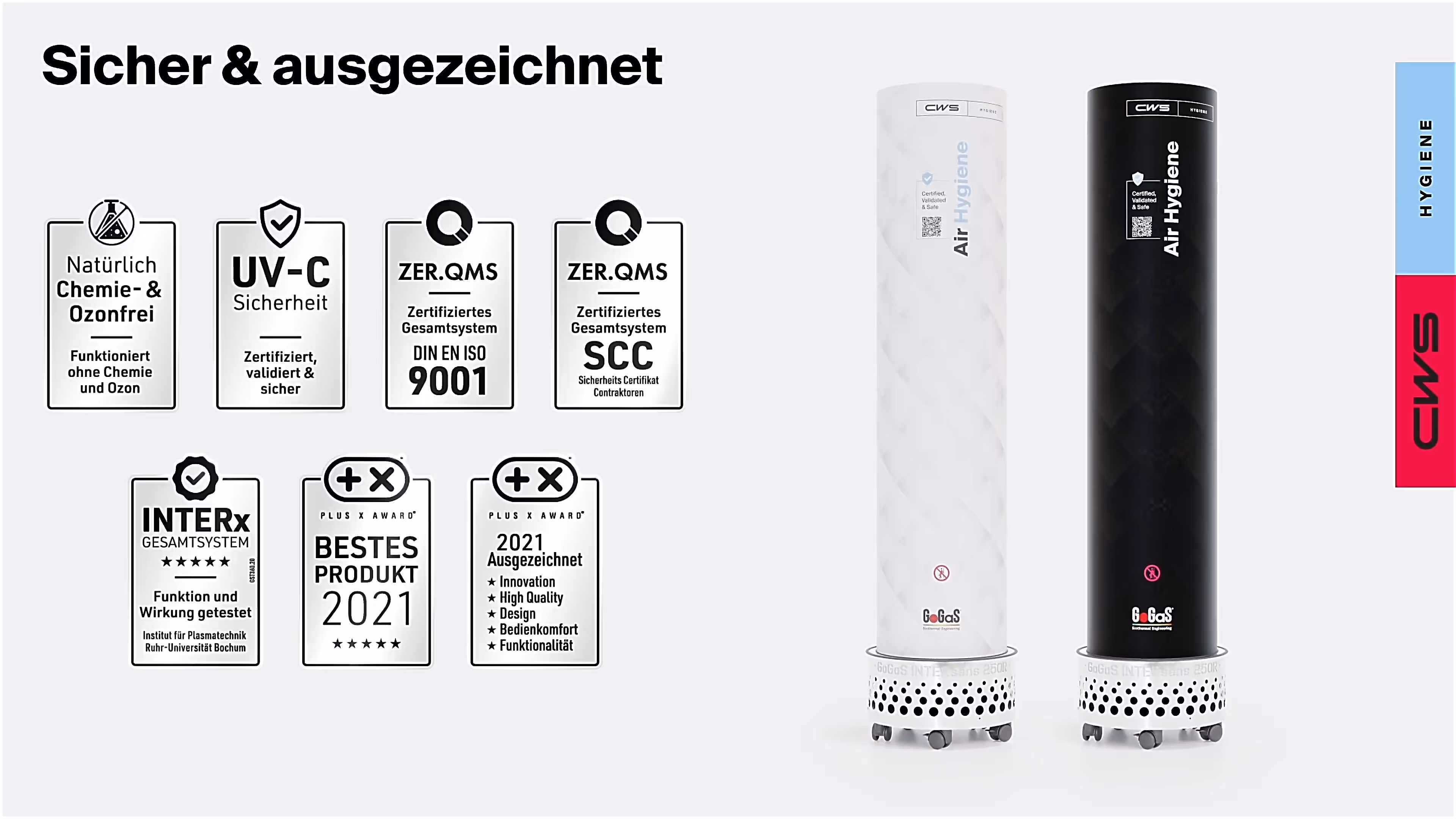 CWS Luftreiniger Air Hygiene in Schwarz und Weiß mit Auszeichnungen für Sicherheit, UV-C Technik und Designqualität.