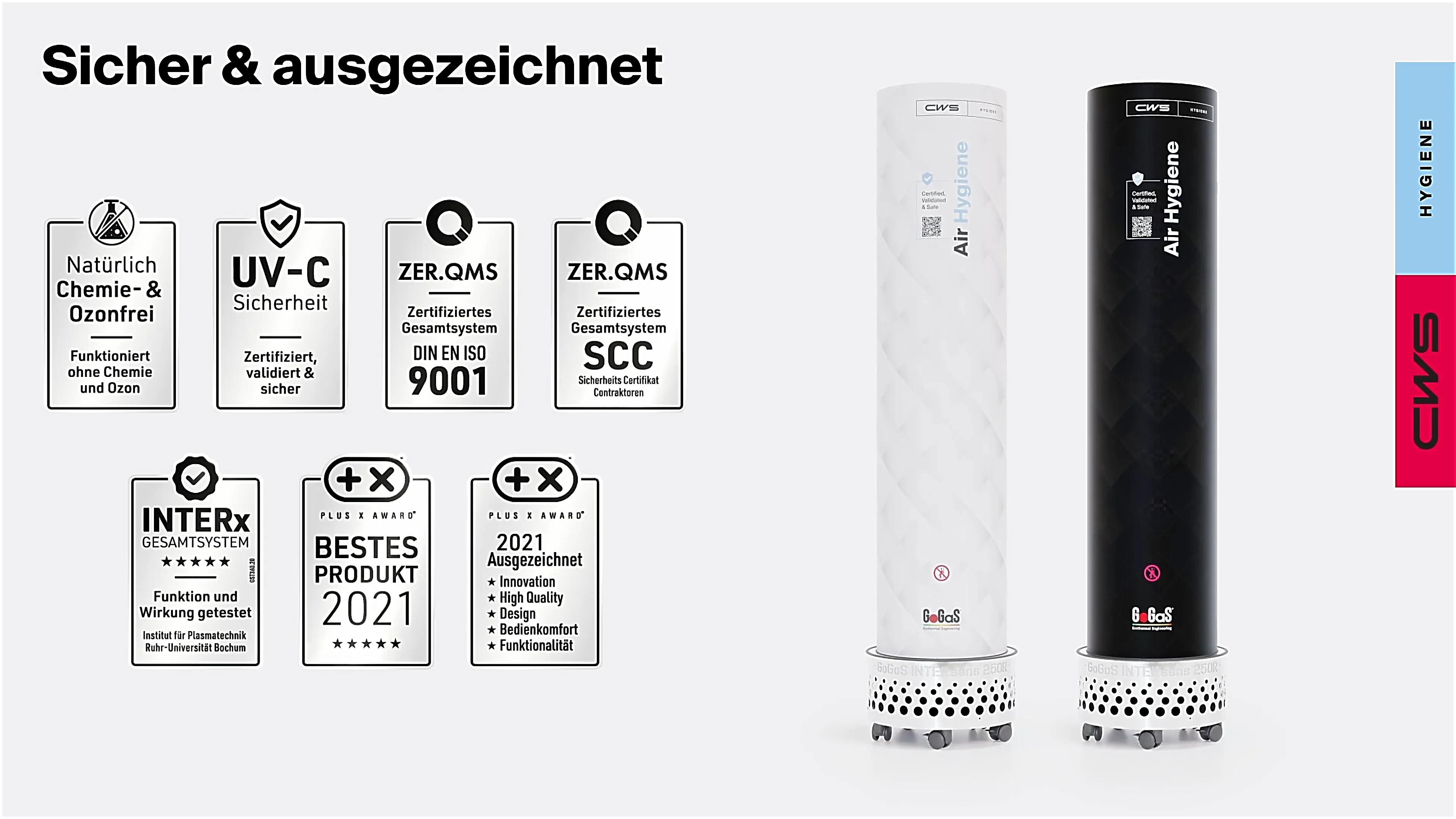 CWS Luftreiniger Air Hygiene in Schwarz und Weiß mit Auszeichnungen für Sicherheit, UV-C Technik und Designqualität.