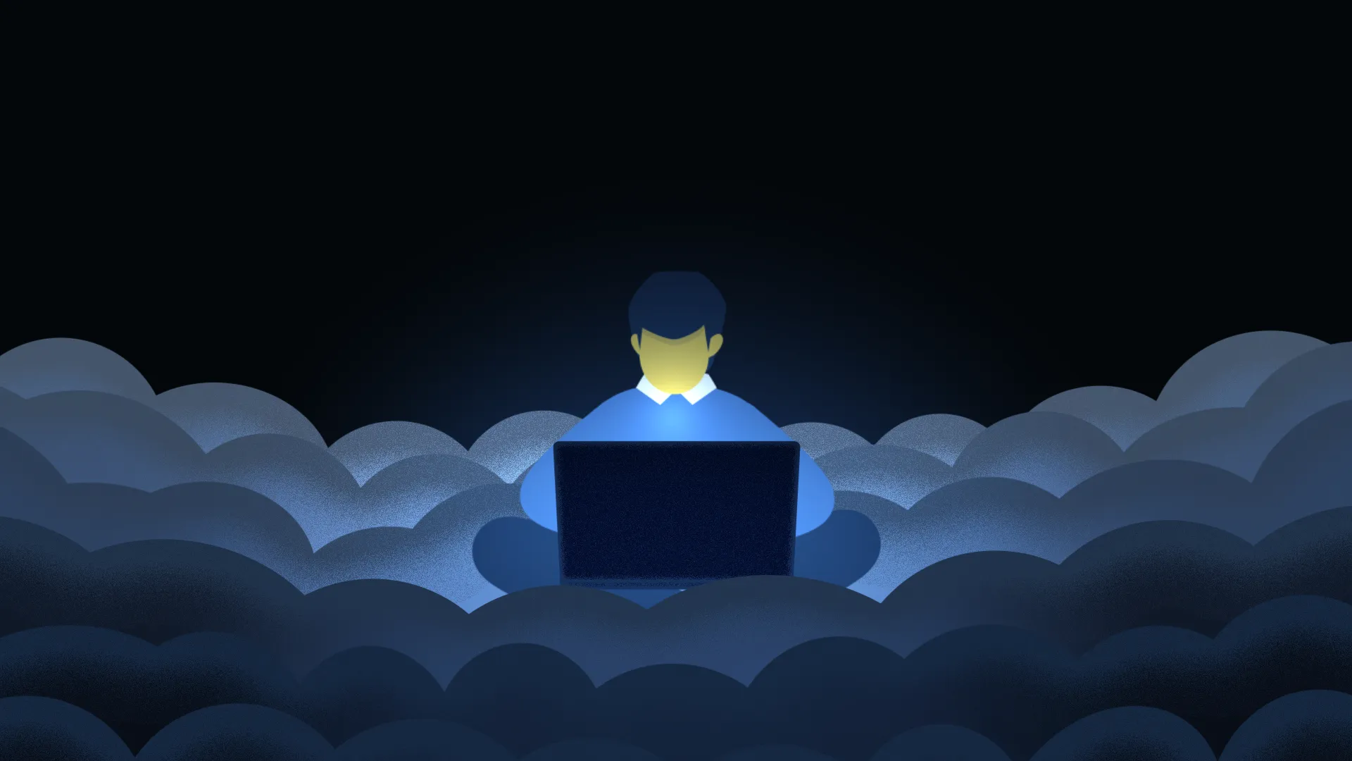 Illustration einer Person im Dunkeln, die auf einem Laptop arbeitet, Symbol für digitale Arbeit in der Cloud.