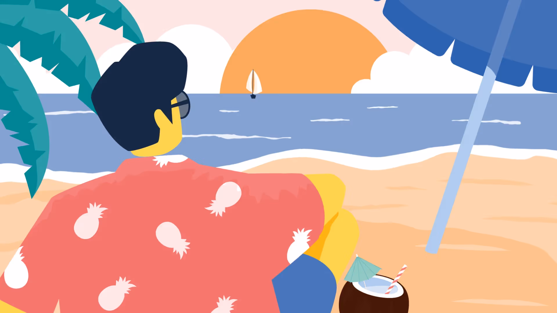 Illustration einer Person am Strand beim Sonnenuntergang mit Kokosgetränk, Symbol für Work-Life-Balance und Entspannung.