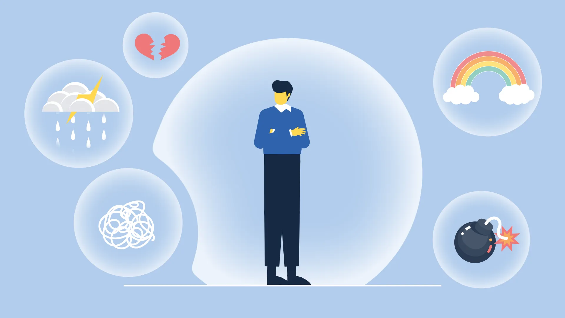 Illustration Person in Gedankenblasen mit Herz, Regenbogen, Gewitterwolken und Bombe – Darstellung von Emotionen und Stressbewältigung.