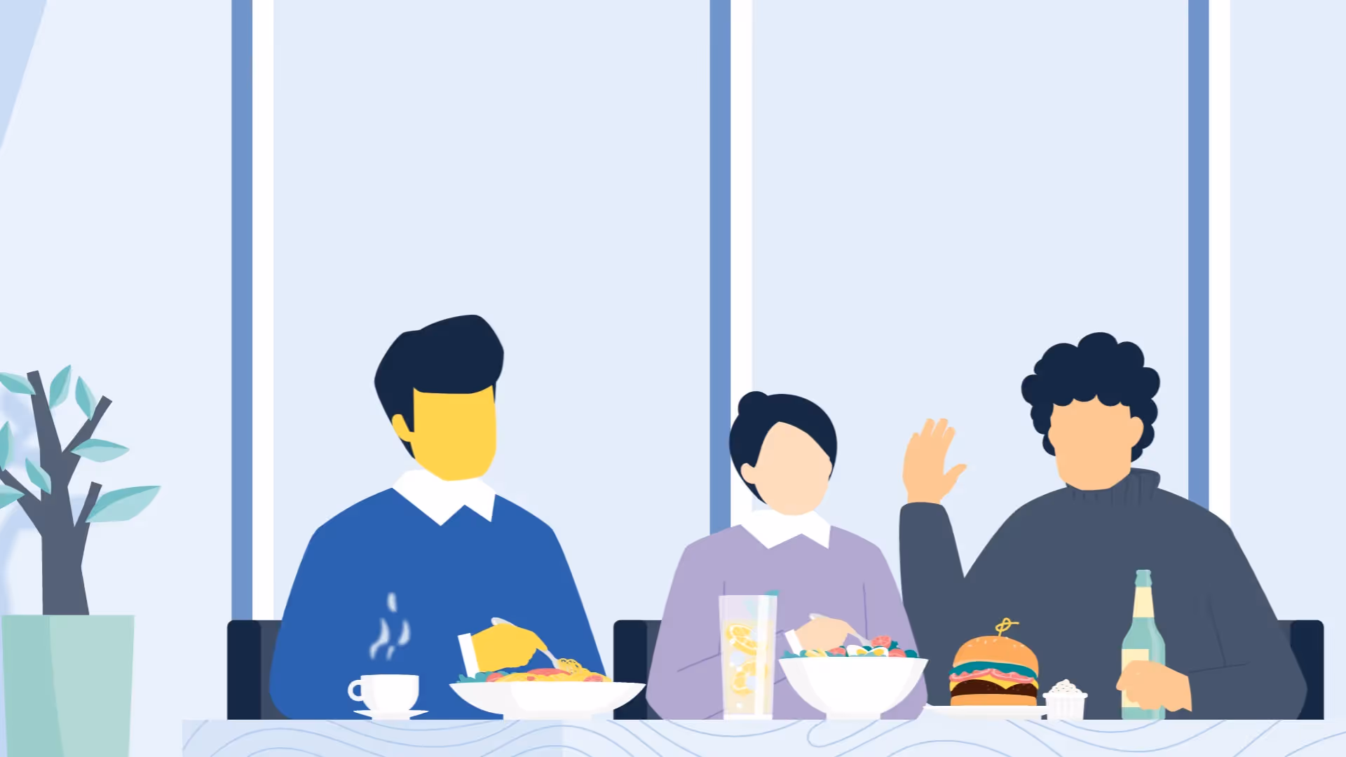 Illustration Gruppe von Menschen beim gemeinsamen Essen – Symbol für Gemeinschaft und zwischenmenschliche Verbindung.